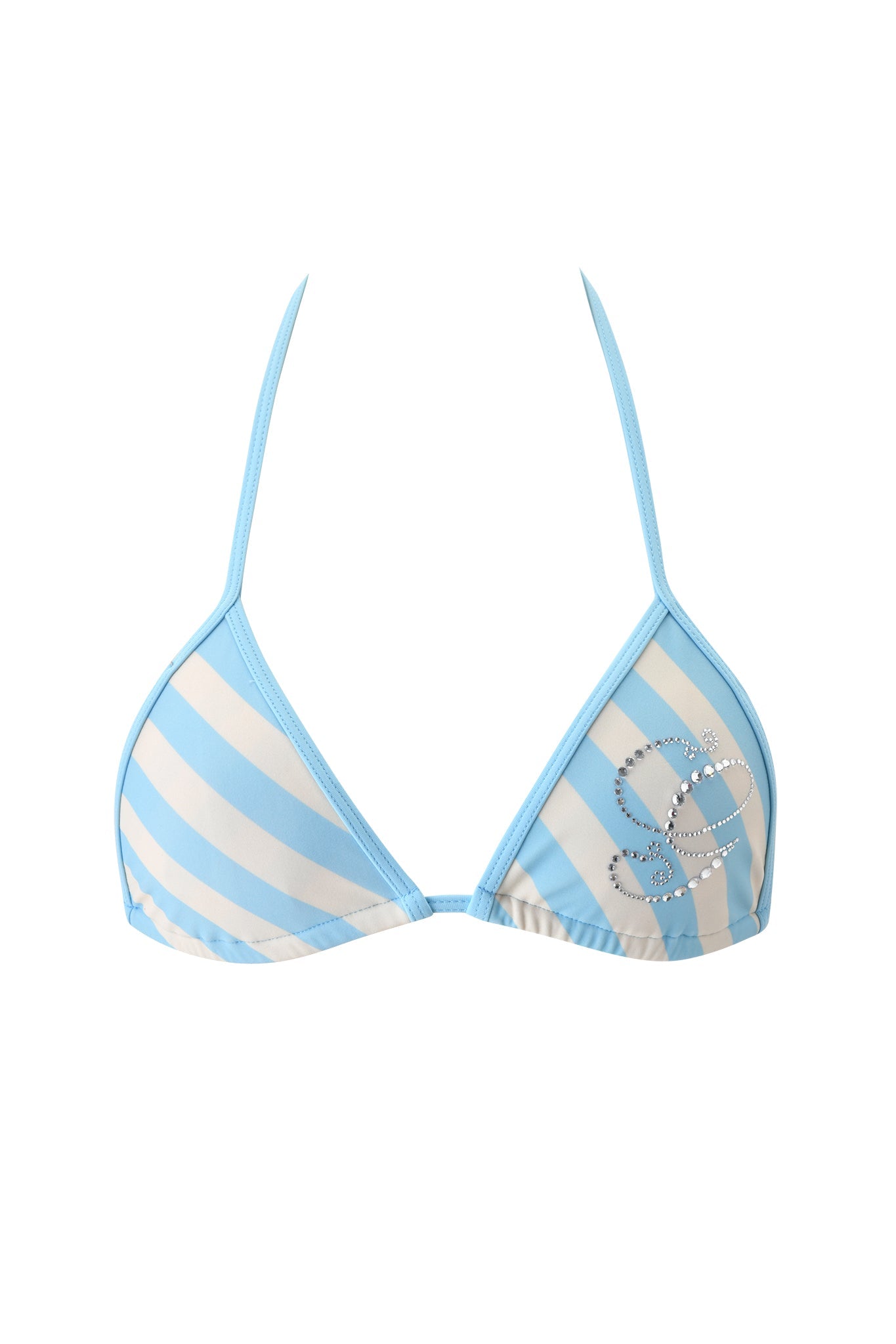 The CORDELIA BIKINI TOP - BLUE STRIPE from I.AM.GIA features thin straps, blue and white stripes, and a rhinestone detail on the right cup.