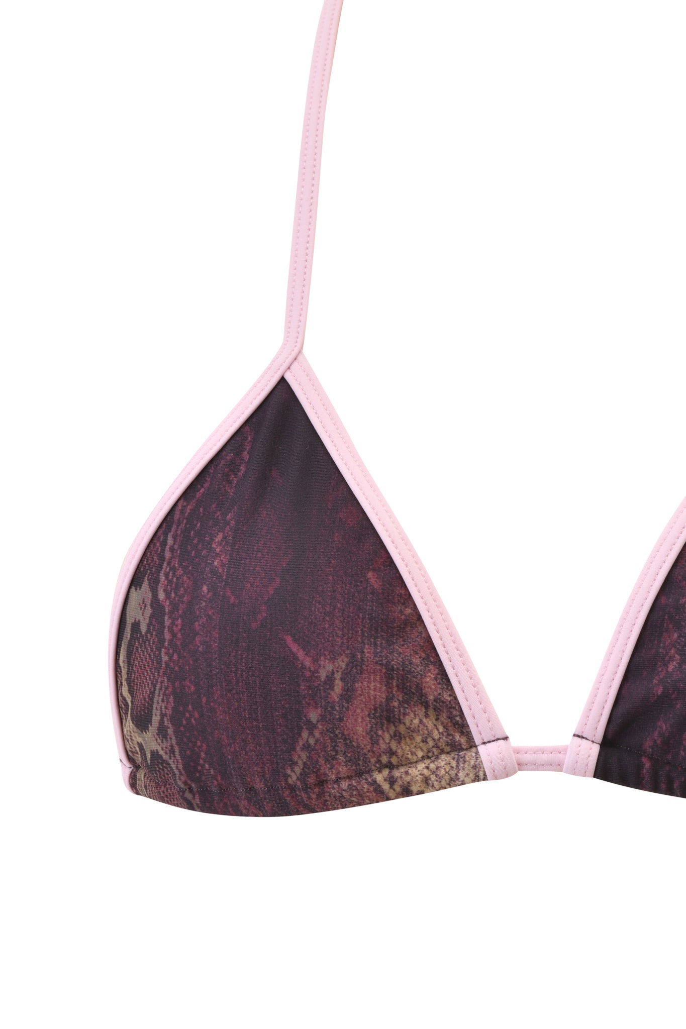 A close-up of the I.AM.GIA CORDELIA BIKINI TOP - SNAKE, featuring pink straps and trim with a brown and beige snake print pattern.