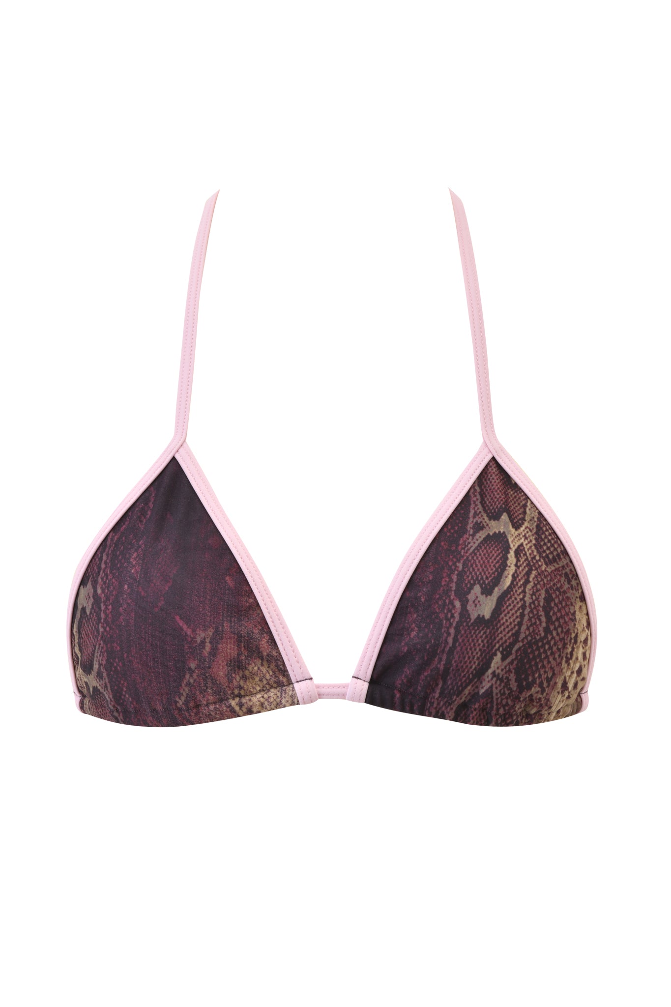 The CORDELIA BIKINI TOP - SNAKE by I.AM.GIA is a triangle bikini top with a vibrant pink snake print and light pink straps, shown on a white background.