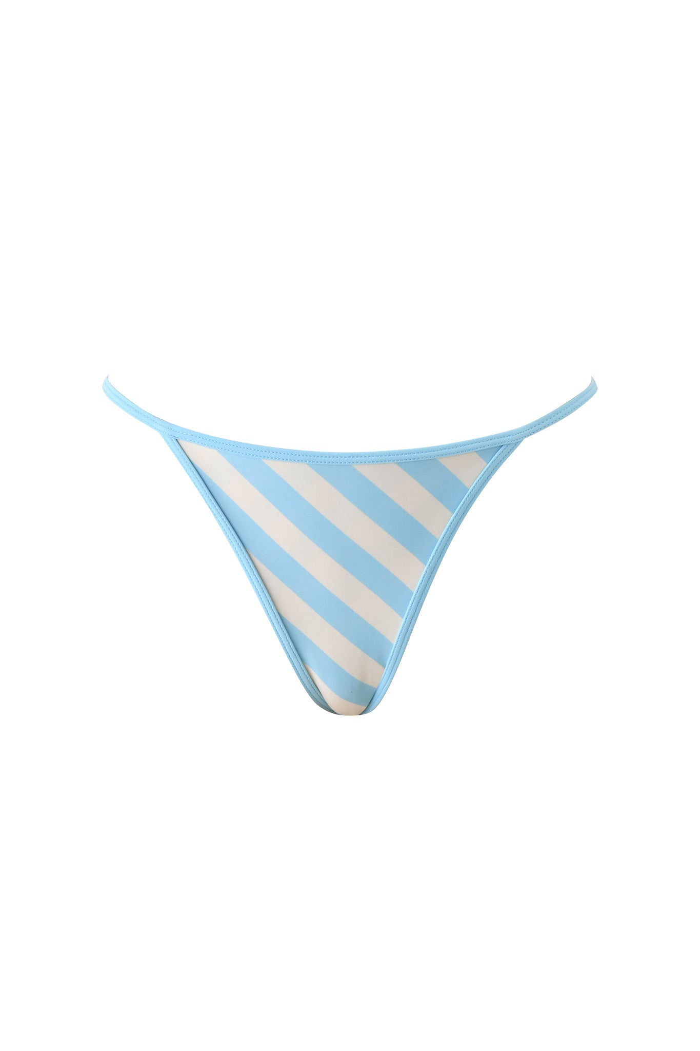 The I.AM.GIA CORDELIA BIKINI BOTTOM - BLUE STRIPE features diagonal light blue and white stripes with thin blue side straps—ideal low-rise swimwear for a classic striped bikini style. Displayed against a white background.