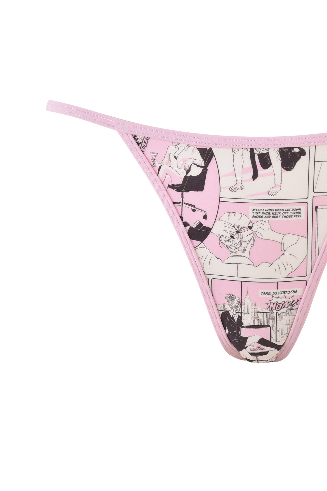 The Cordelia Bikini Bottom by I.AM.GIA, available in a digital comic print with a light pink elastic waistband, showcases black and white scenes accented with pastel pink. These vibrant illustrations feature lively characters and dynamic dialogue bubbles.