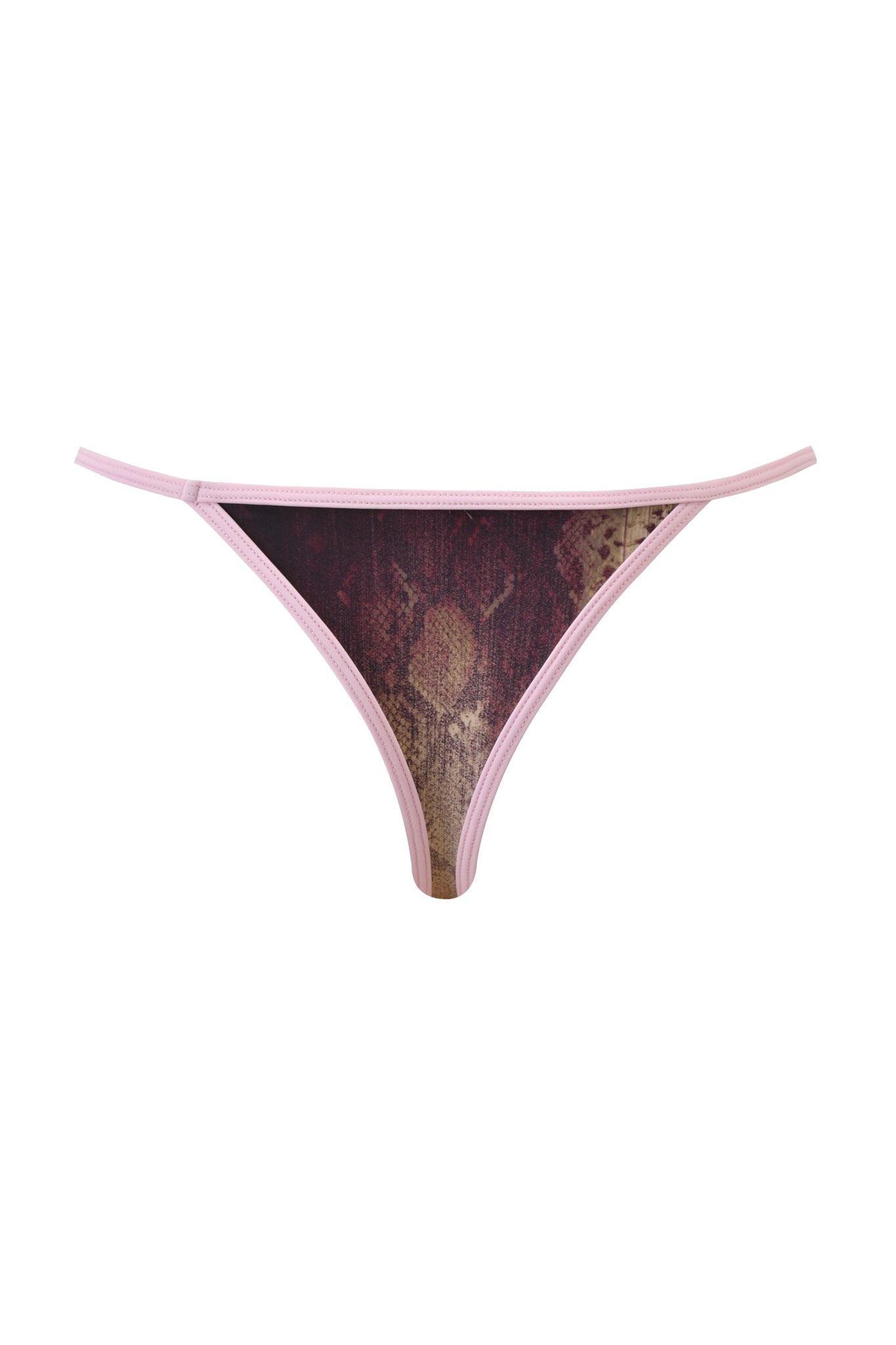 The I.AM.GIA CORDELIA BIKINI BOTTOM - SNAKE features a bold brown and beige snake print with a contrasting pink waistband, perfect for making a statement.
