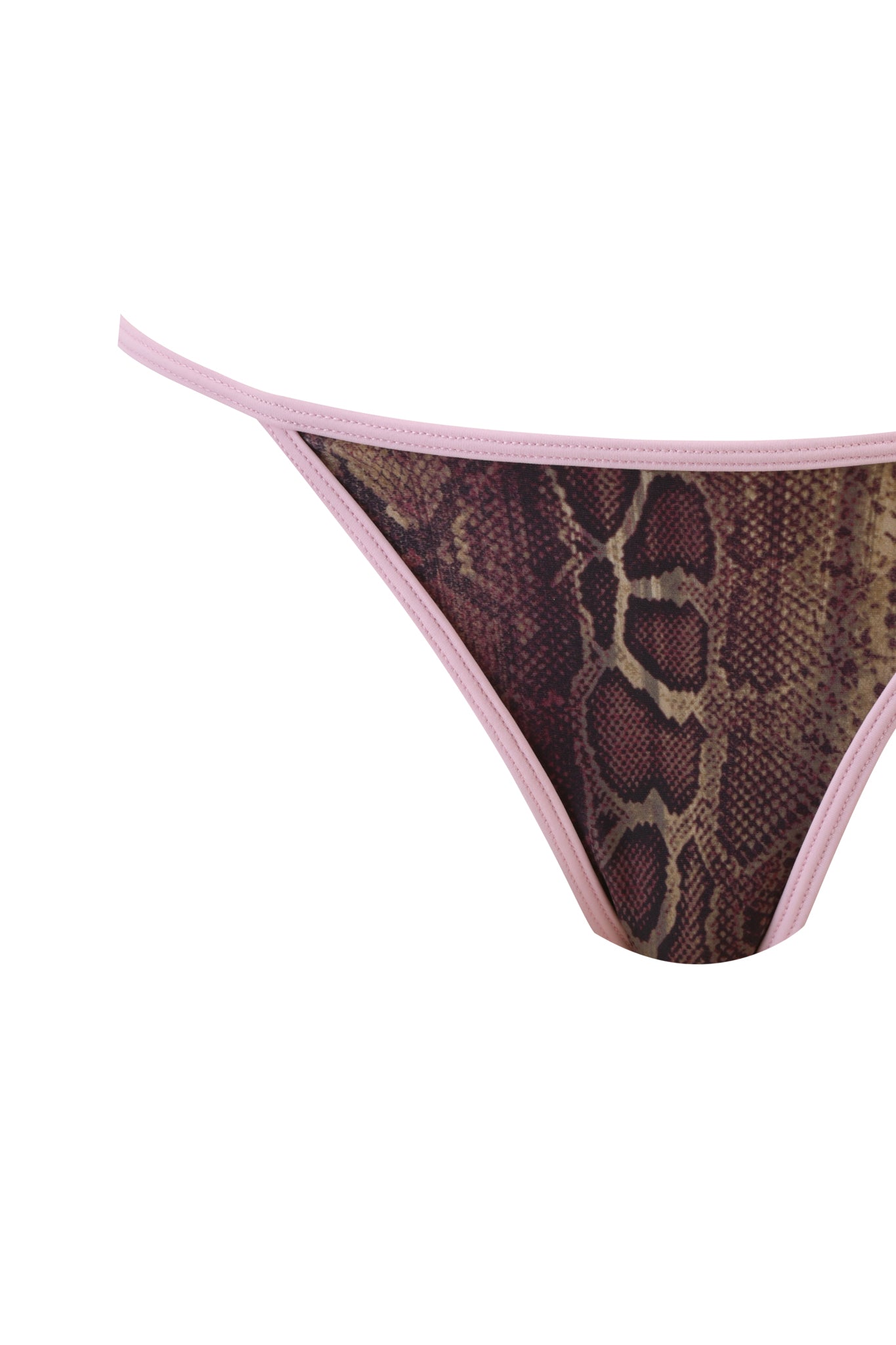 A close-up of the I.AM.GIA CORDELIA BIKINI BOTTOM - SNAKE, showcasing pink trim and a brown and beige snake print design.