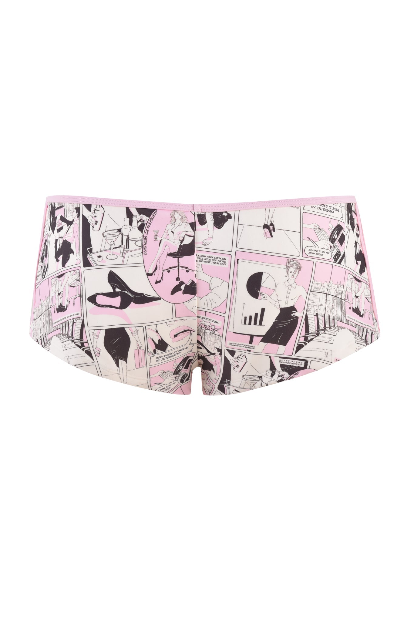 Introducing the JOANNE SHORT - PINK : DIGITAL: COMIC PRINT by I.AM.GIA: These women's low-rise waist shorts feature a custom hand-drawn comic strip pattern in black, white, and pink. The comic strip panels depict various scenes and characters in a vintage comic book style, with the waistband and seams outlined in pink.