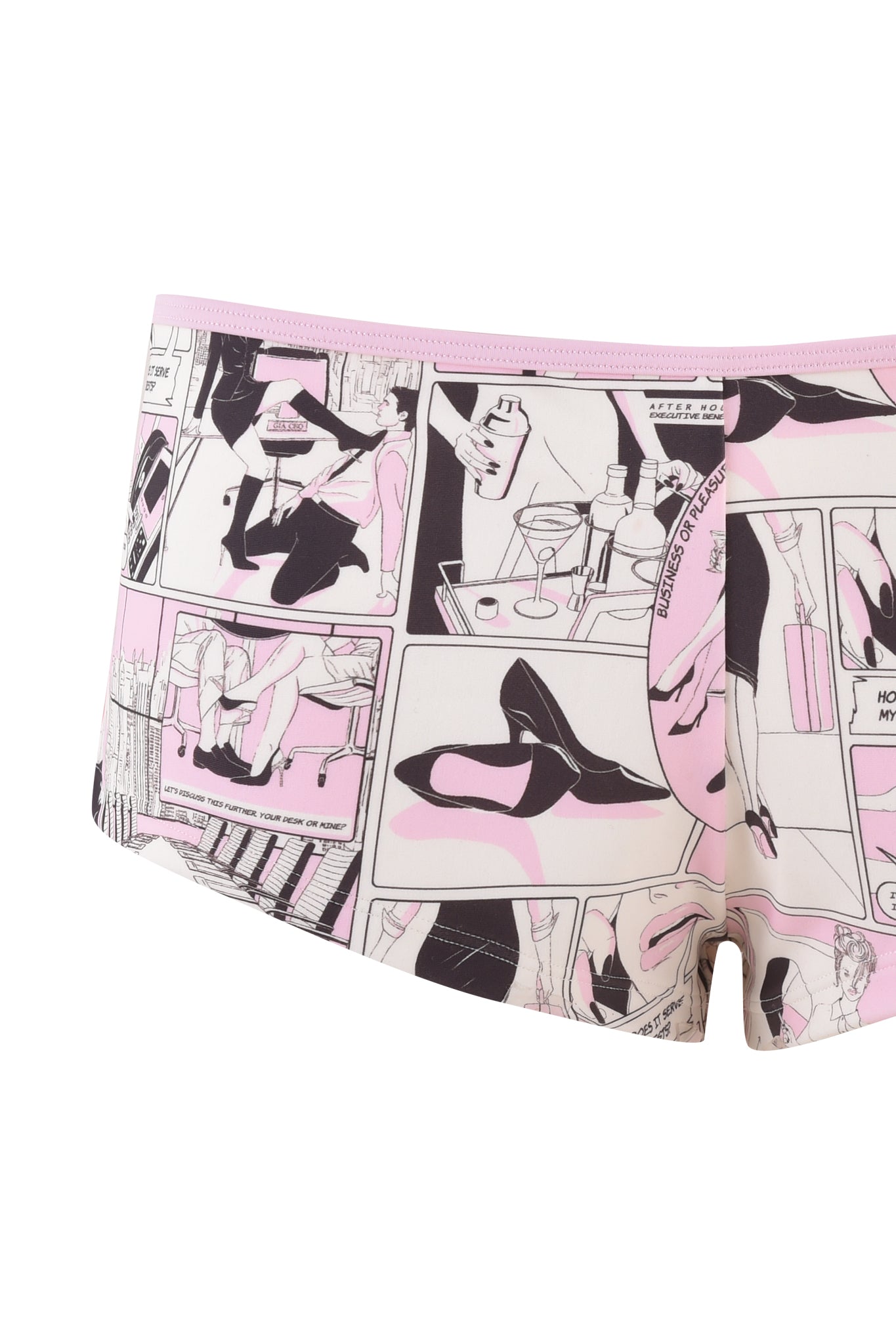 Close-up of the I.AM.GIA JOANNE SHORT - PINK: DIGITAL: COMIC PRINT women’s underwear, featuring a low-rise waist and a vibrant comic strip design in shades of pink, white, and black. The custom hand-drawn print by Joanne Short showcases high heels, cocktails, and lounging figures, creating a playful and stylish pattern.