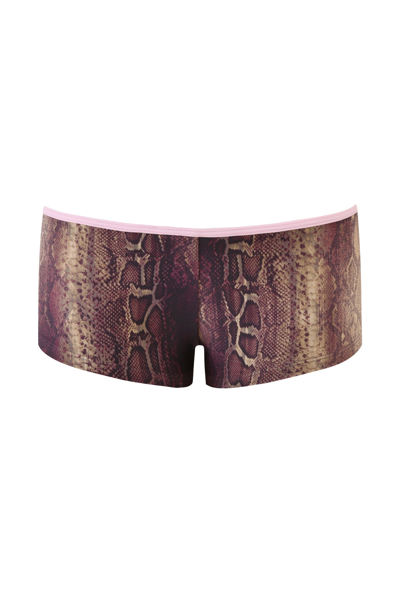 The I.AM.GIA JOANNE SHORT - SNAKE is a pair of women's low-rise bodycon shorts in a brown and beige snakeskin print with a light pink waistband, shown against a white background.