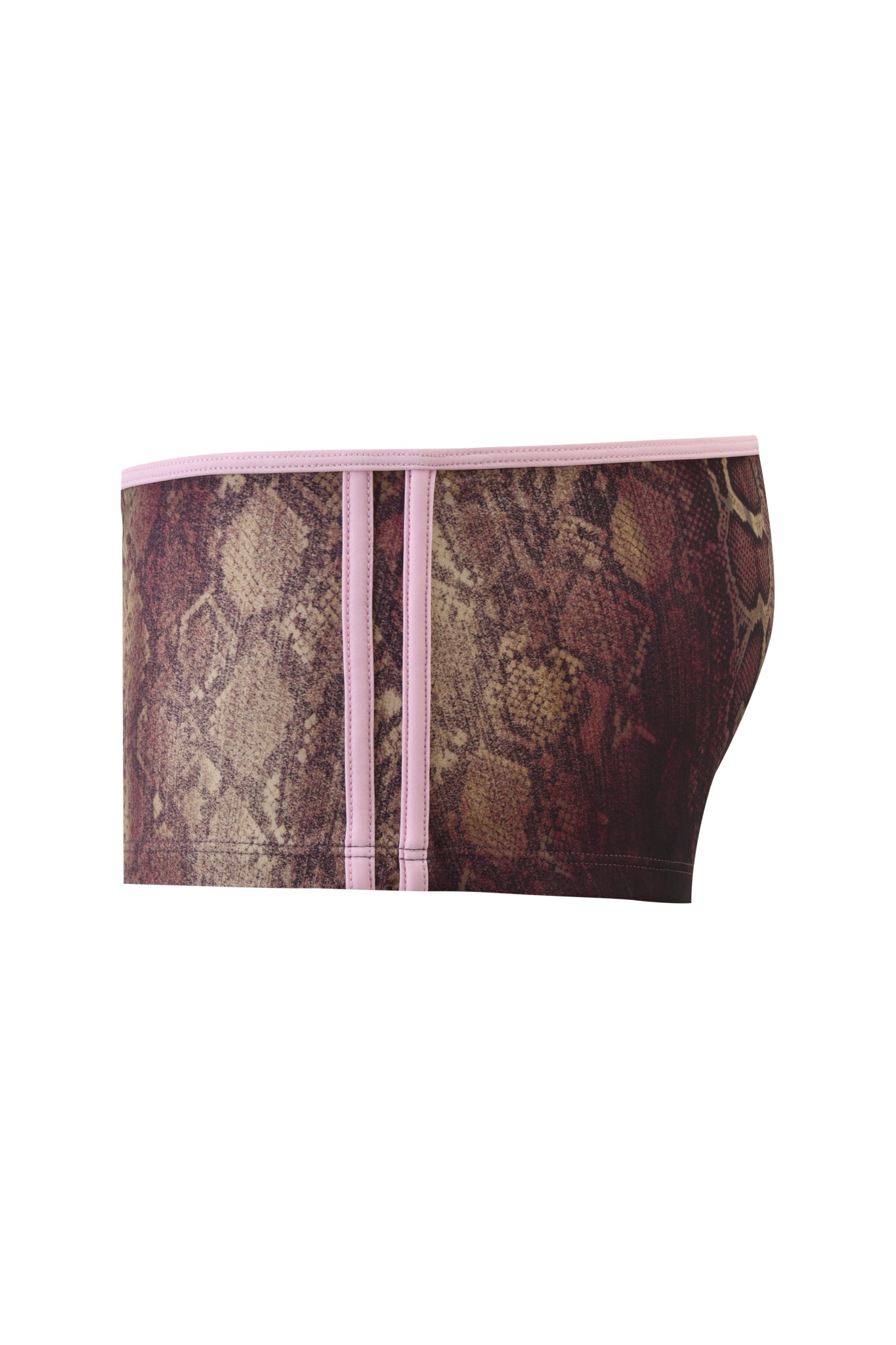 The JOANNE SHORT - SNAKE by I.AM.GIA is a men's low-rise bodycon short with a brown and beige snakeskin pattern, pink trim, and two vertical pink stripes on the front, shown side view against a white background.