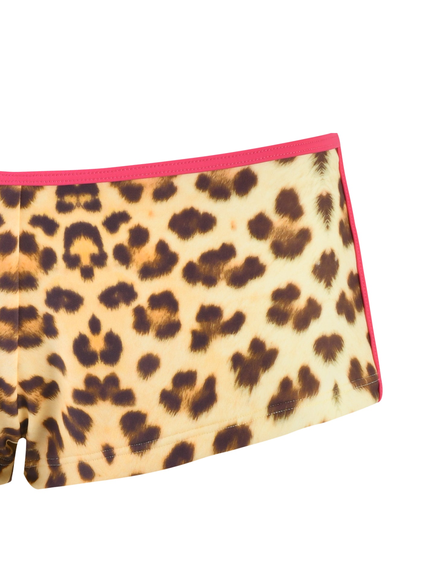 Close-up of a pair of I.AM.GIA's JOANNE SHORT - NEUTRAL : LEOPARD : WILDCARD, showcasing a lively leopard print with brown and black spots set against a yellowish backdrop, finished with a pink waistband.