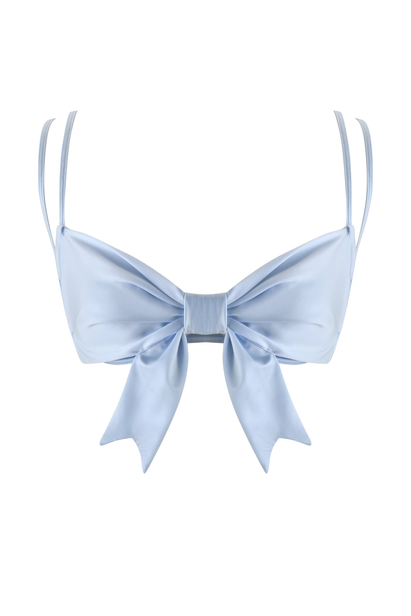 The DELPHINA BIKINI TOP - BLUE : BABY BLUE by I.AM.GIA is a satin bralette in a light blue shade, featuring shiny satin swim knit, double straps, and a large decorative bow at the front. Its balconette cup shape brings an elegant touch to your summer style.