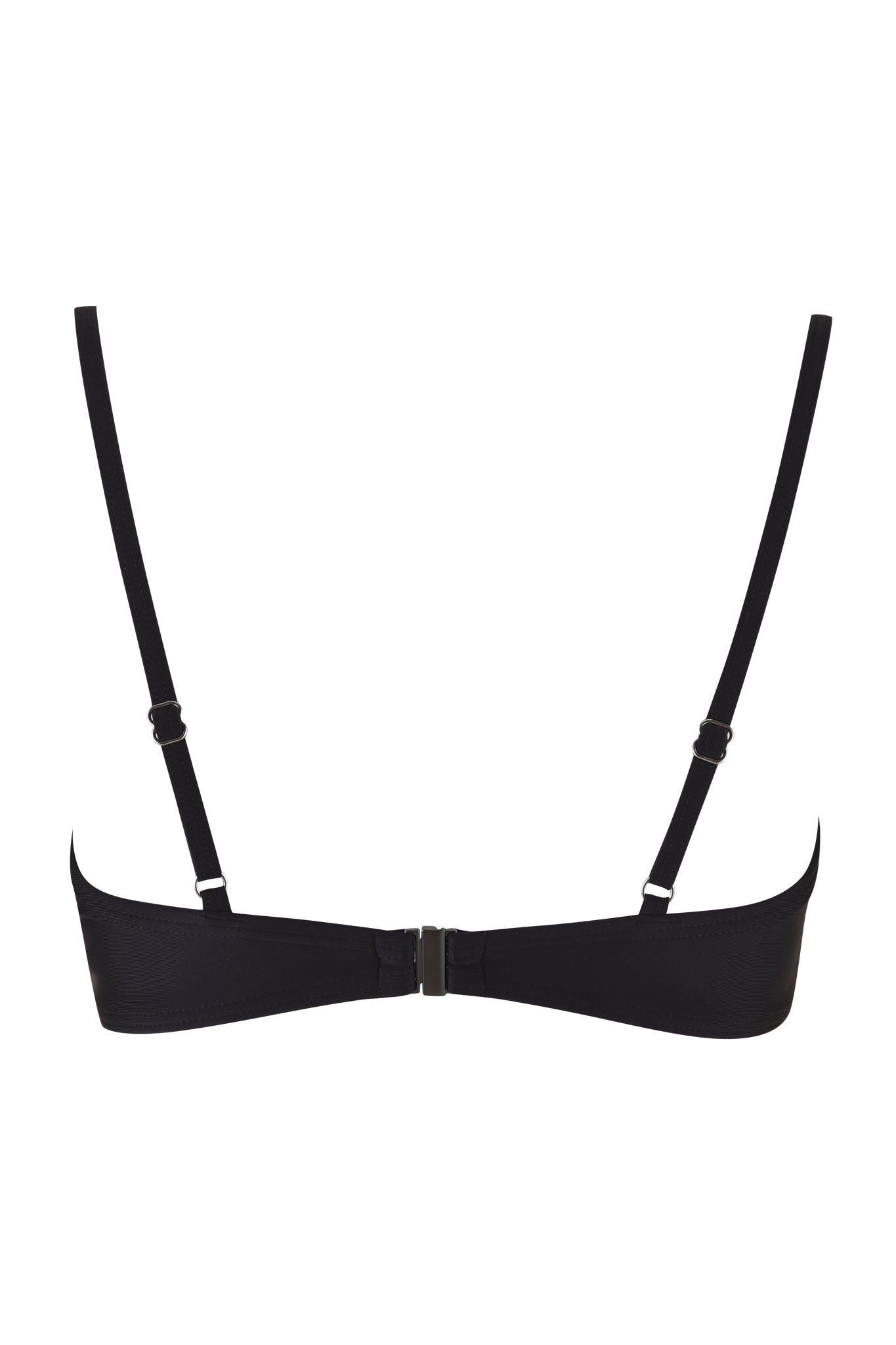 The DION TUXEDO BIKINI TOP in black and white from I.AM.GIA, viewed from the back, features adjustable straps and a hook-and-eye closure. The design is simple and minimalist, crafted with smooth fabric for a streamlined appearance that embodies the classic tuxedo style.