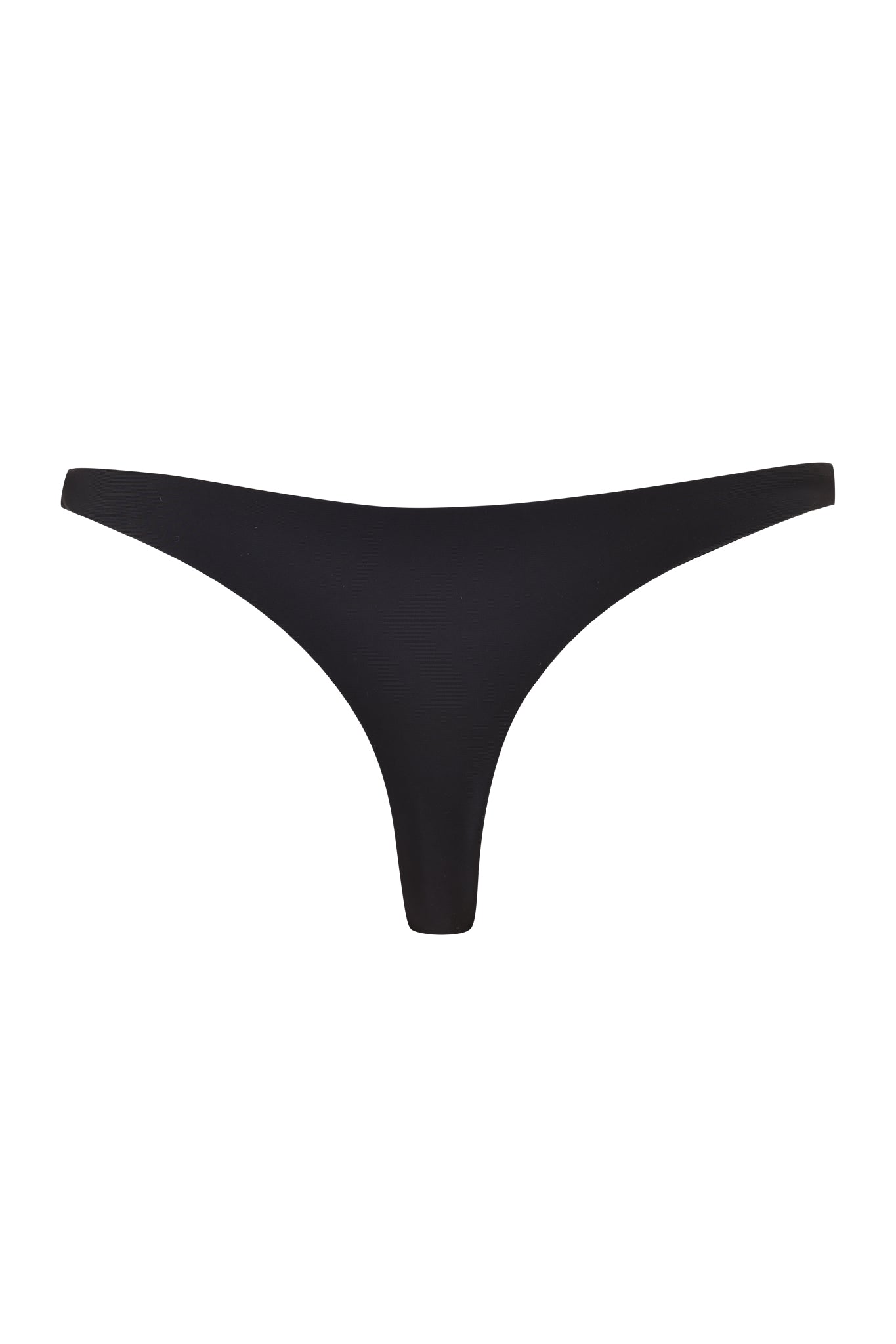 The DION TUXEDO BIKINI BOTTOM in black and white by I.AM.GIA features a minimalist design with a narrow waistband and thin side straps forming a T-shape. Its cheeky thong back and low-rise waist enhance its smooth and seamless appearance.