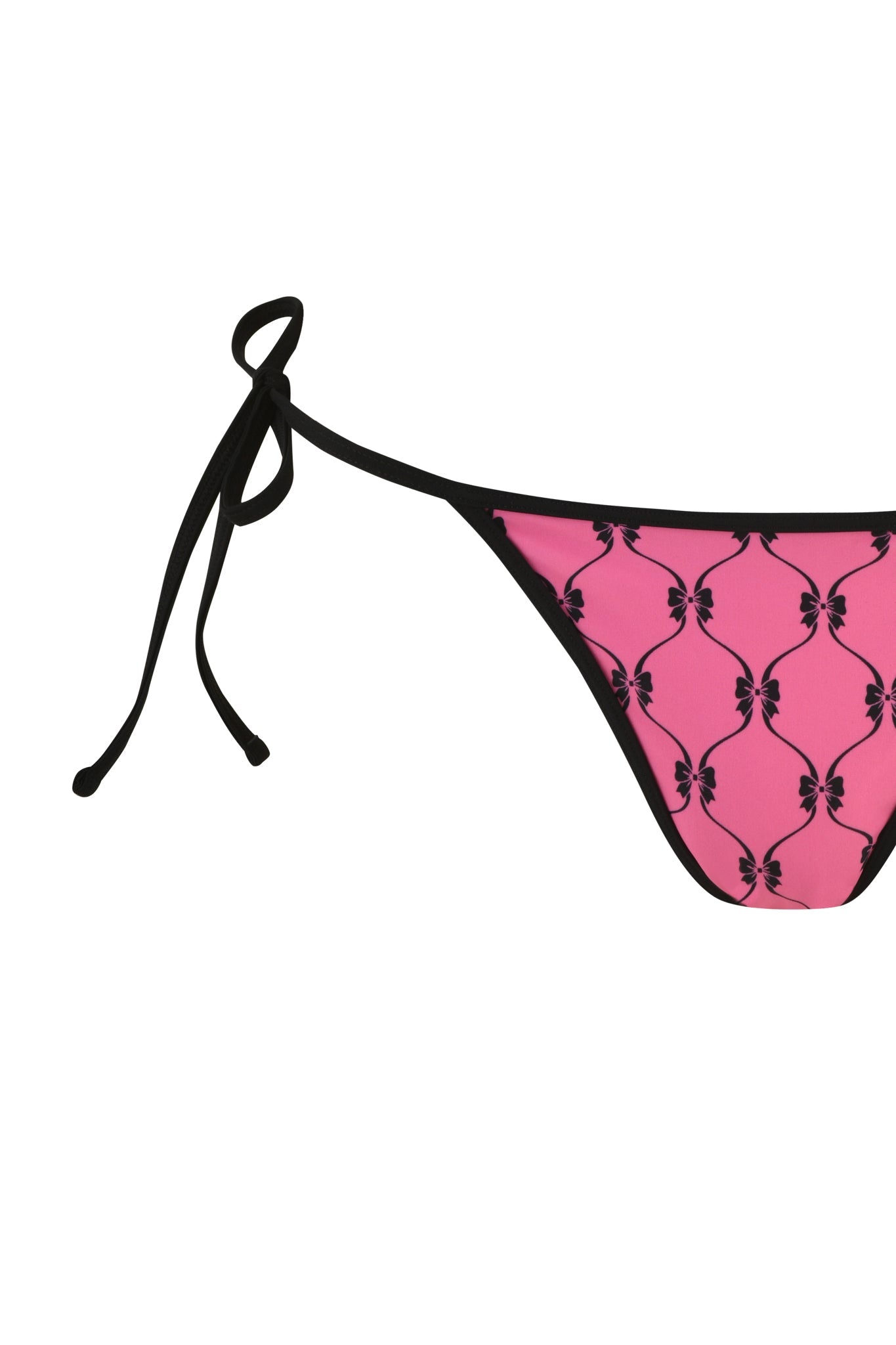 Close-up of Monroe bikini bottoms featuring a Girly Pop print in pink fabric with a black geometric pattern. This cheeky style from I.AM.GIA includes side tie strings on the left, outlined in black.