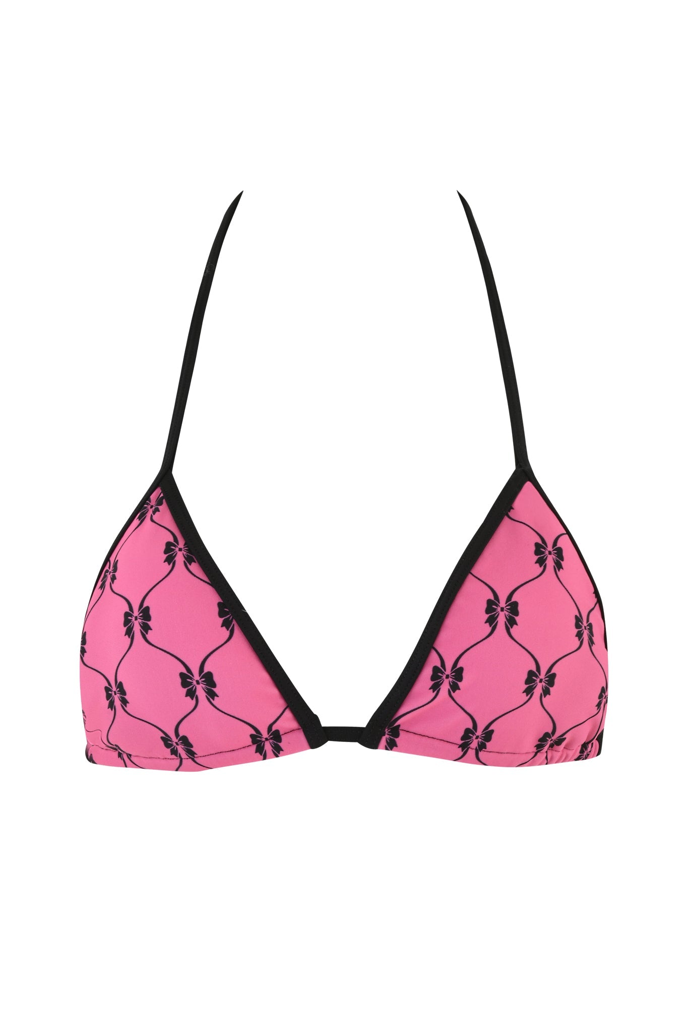 The MONROE BIKINI TOP - PINK : DIGITAL : GIRLY POP by I.AM.GIA showcases a Girly Pop print with an abstract pattern of small dark shapes. Its pink color is complemented by a striking black outline, adjustable straps, and a minimalist triangular design, offering both style and versatility.