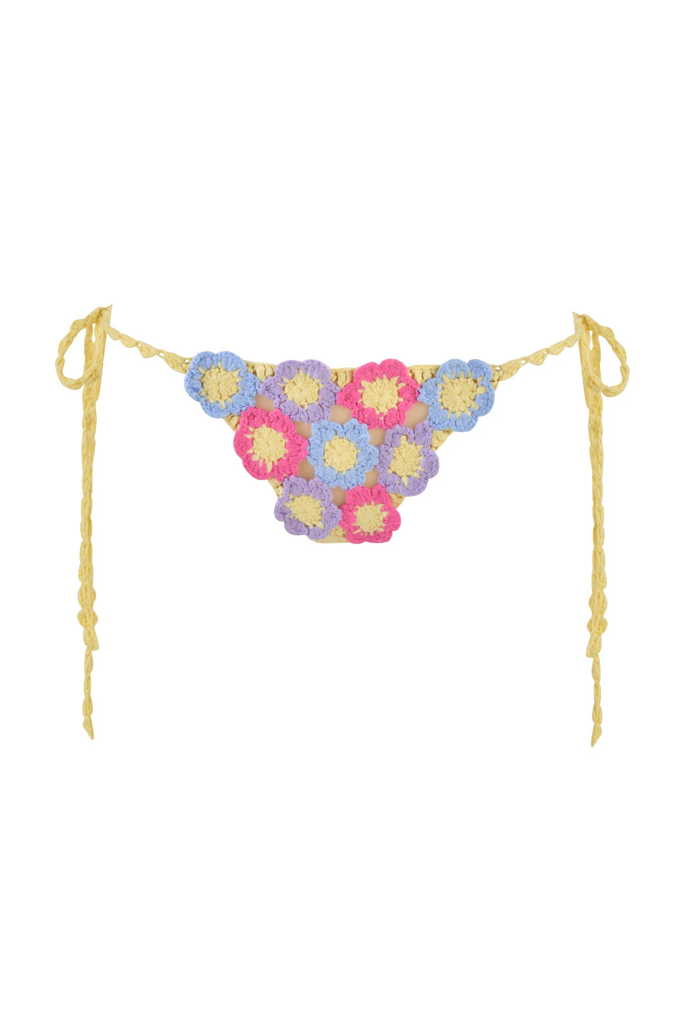 The BLOSSOM BIKINI BOTTOM - MULTI from I.AM.GIA features a crochet design with vibrant floral motifs in pink, blue, purple, and yellow and adjustable side ties for the perfect fit.