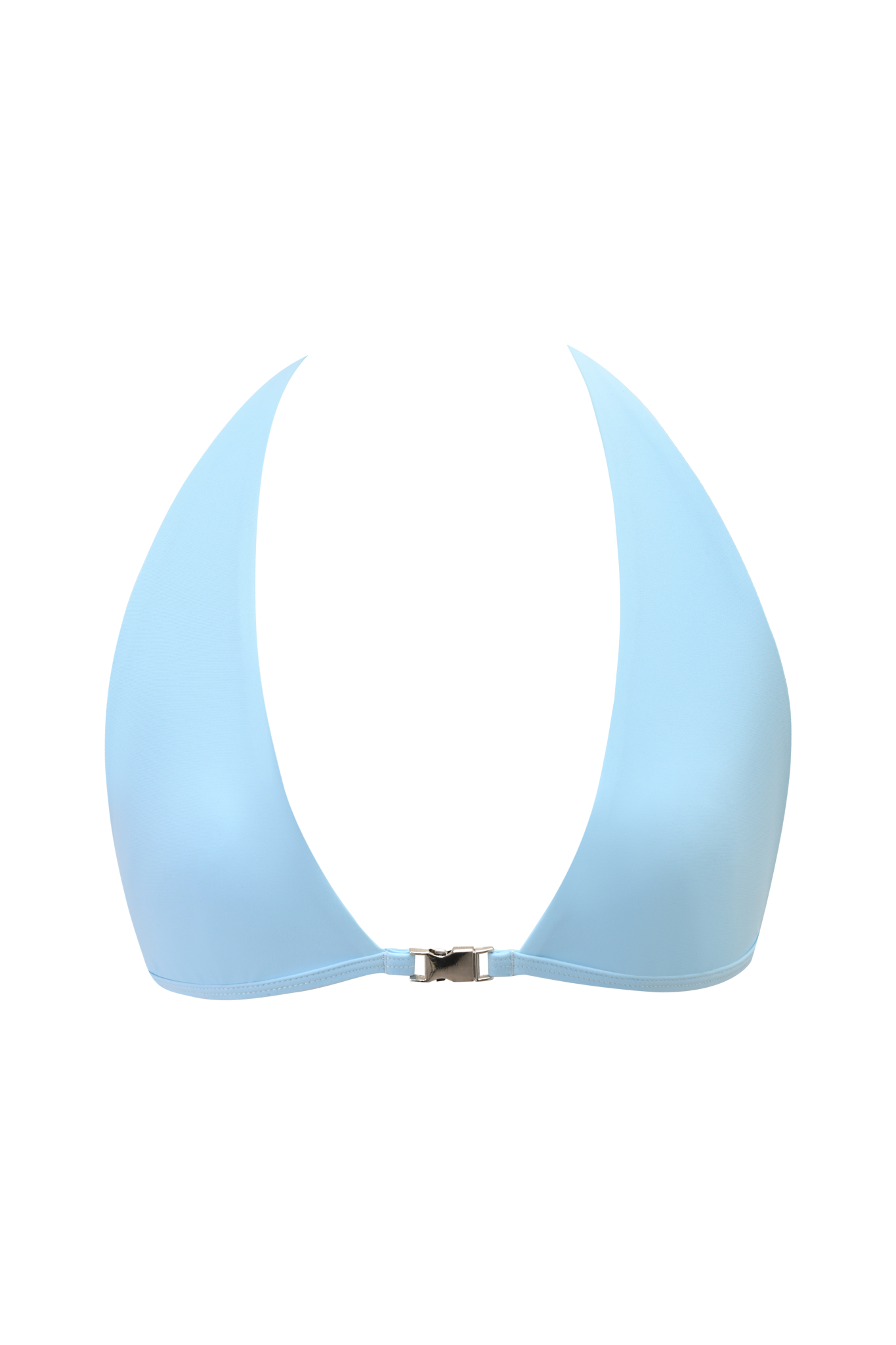 The I.AM.GIA MAUI BIKINI TOP in Aqua is a light blue, seamless top with a front clasp and adjustable fit. Its smooth, wireless design offers support without visible straps, shown here against a plain background.