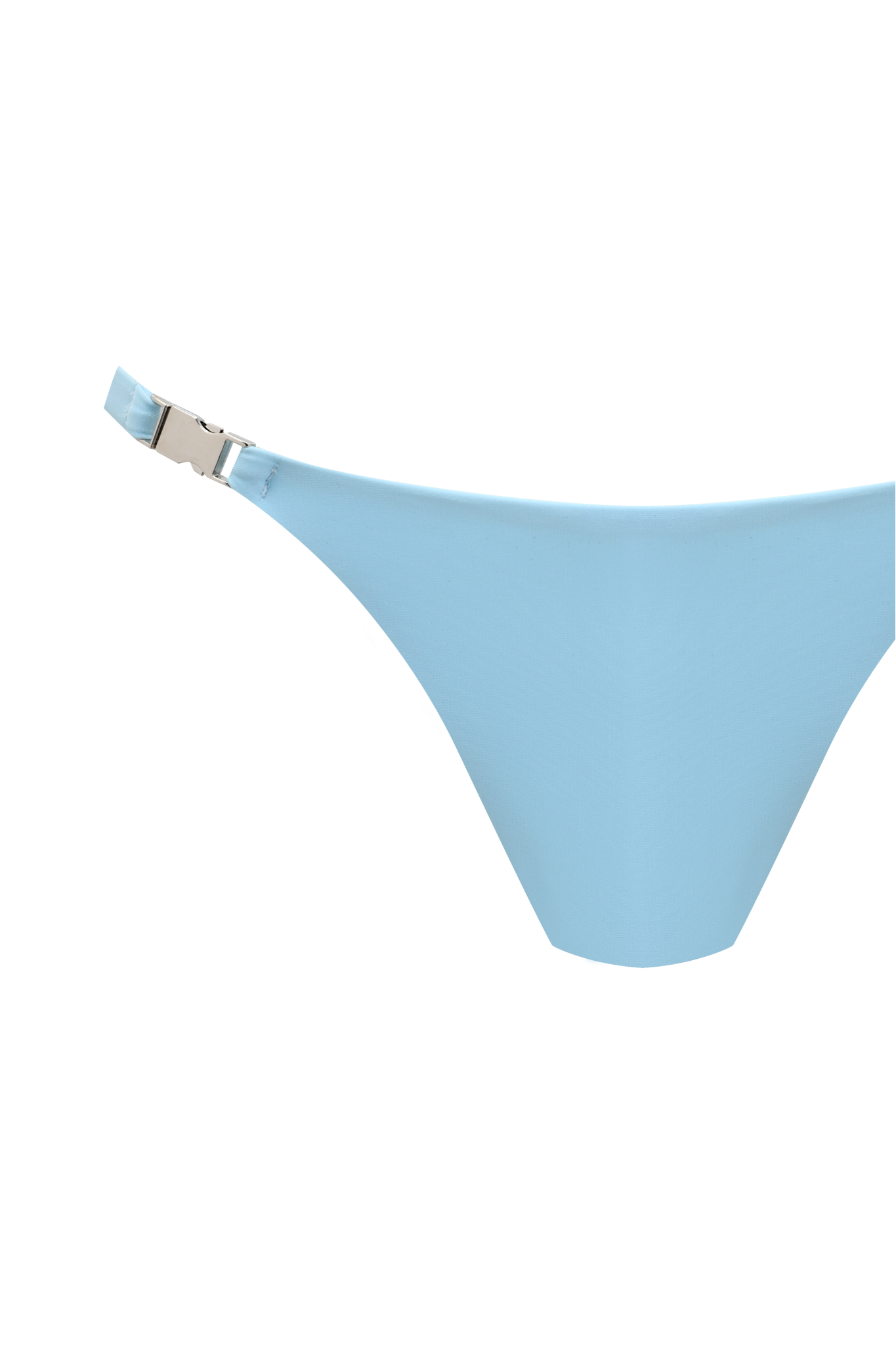 A close-up of the I.AM.GIA MAUI BIKINI BOTTOM in Aqua, a light blue low-rise style featuring a silver side clasp, displayed against a white background.