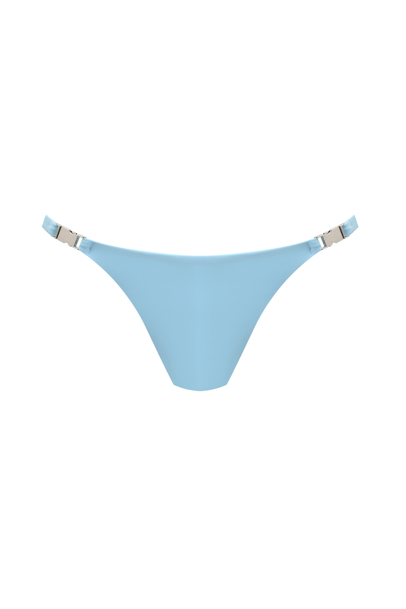 The I.AM.GIA MAUI BIKINI BOTTOM - AQUA is a light blue, low rise bikini bottom with metal side clasps and a cheeky thong cut, shown on a plain light blue background.