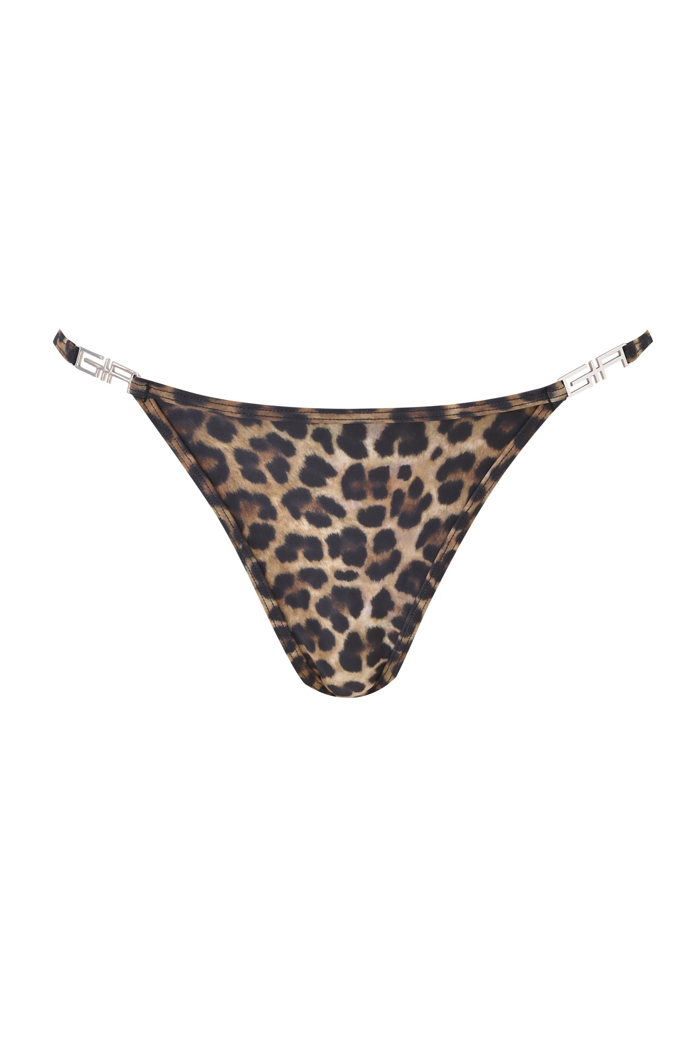 The AVA BIKINI BOTTOM - LEOPARD by I.AM.GIA is a G-string style bikini bottom with thin side straps and silver-tone hardware accents, shown against a white background.