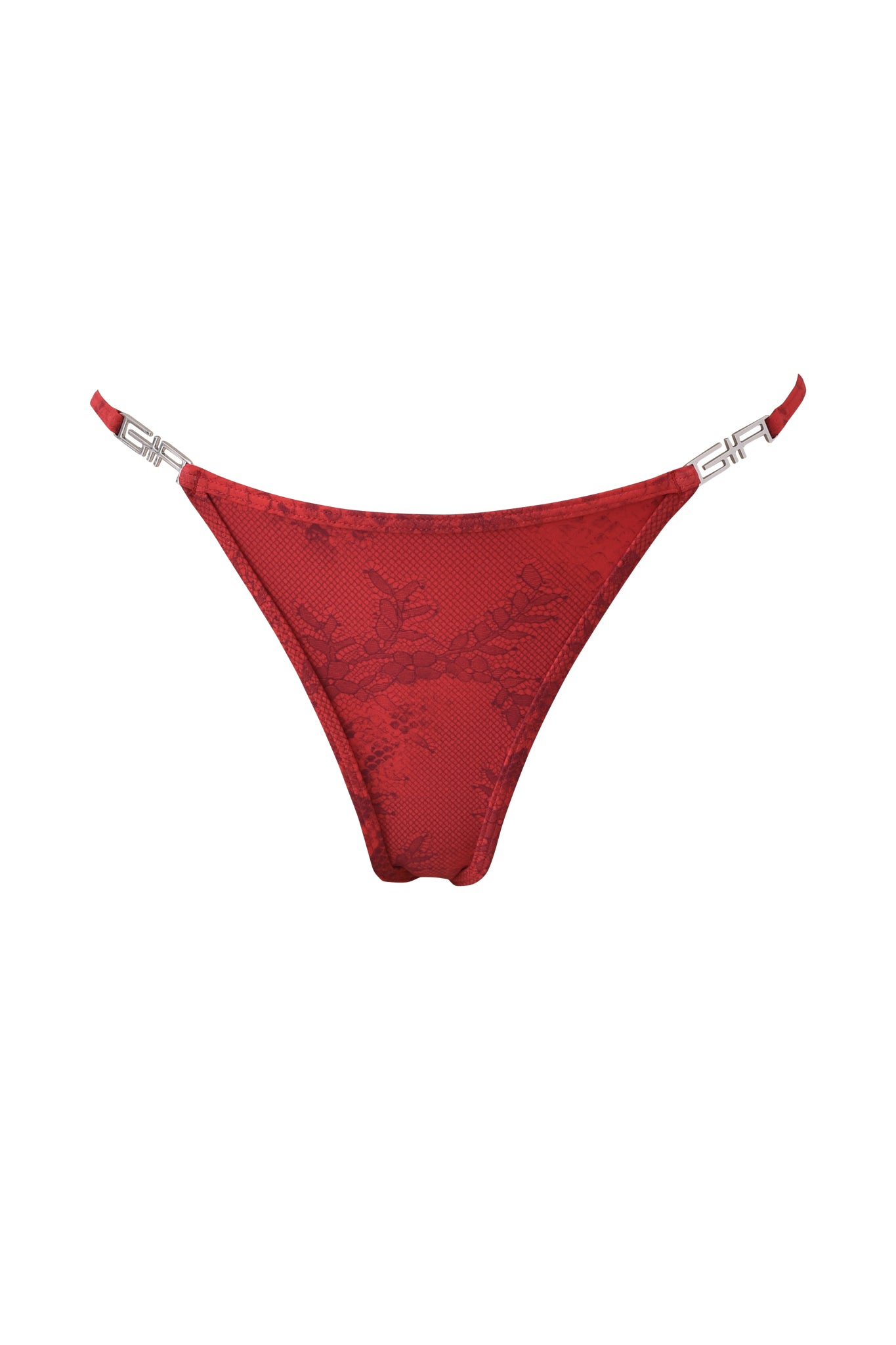 The I.AM.GIA AVA BIKINI BOTTOM in red serpentine features thin side straps with silver metallic accents, showcased on a plain white background.