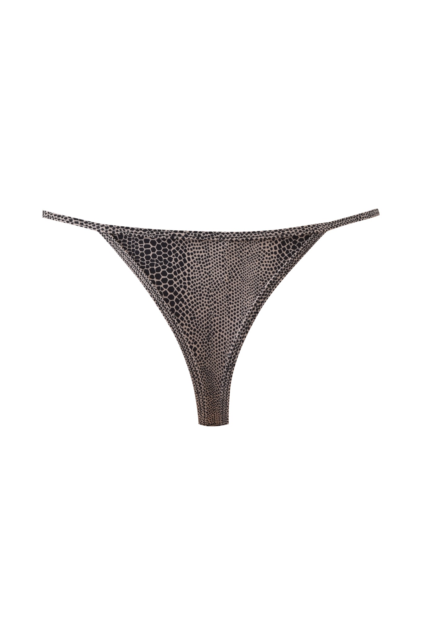 AVA BIKINI BOTTOM - SERPICO by I.AM.GIA in black and brown snake print, featuring a low-rise cut and thin G-string side straps, displayed on a white background.