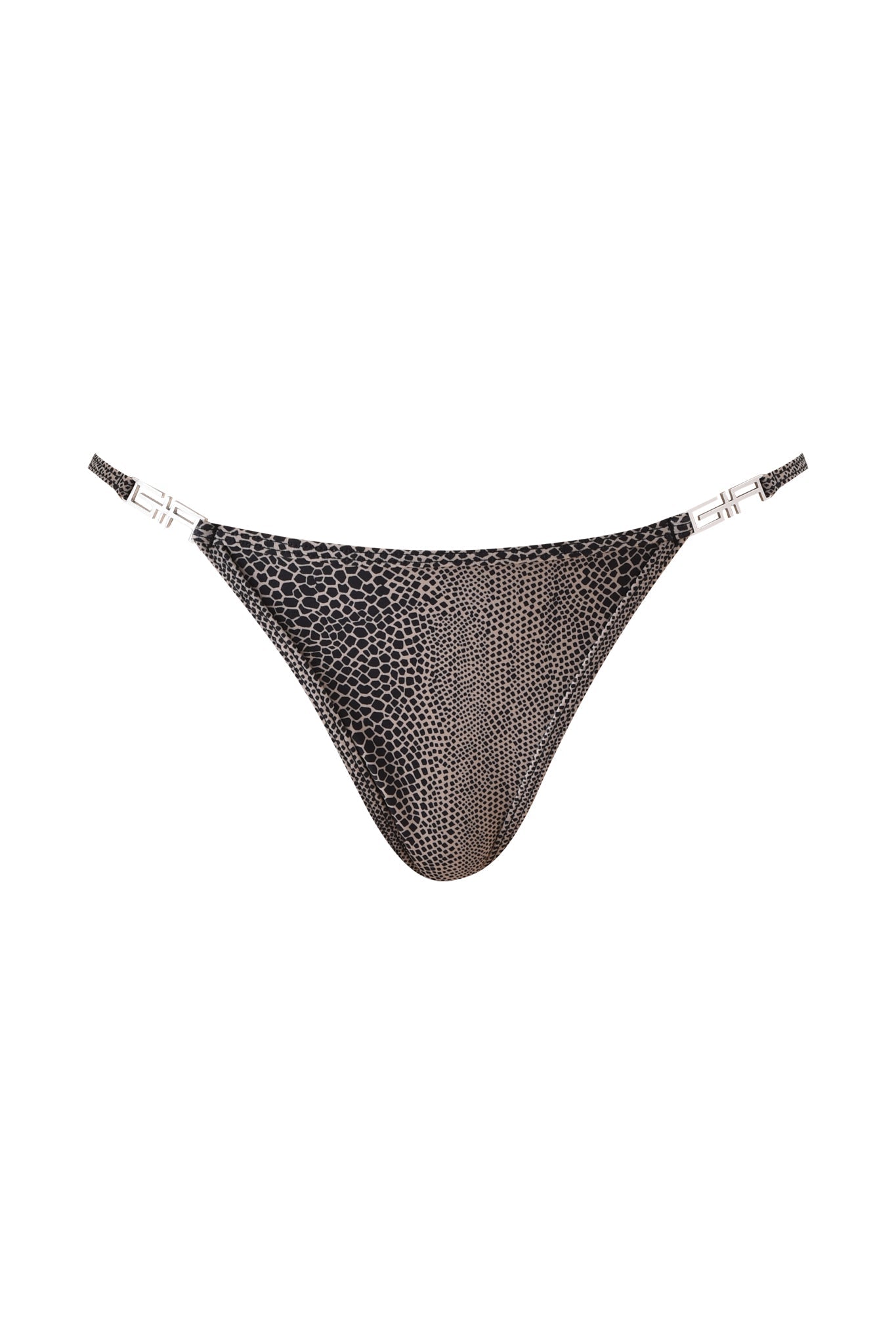 The AVA BIKINI BOTTOM - SERPICO by I.AM.GIA is a black, shiny textured snake print bikini bottom with thin side straps and small silver rectangular accents, shown on a white background.