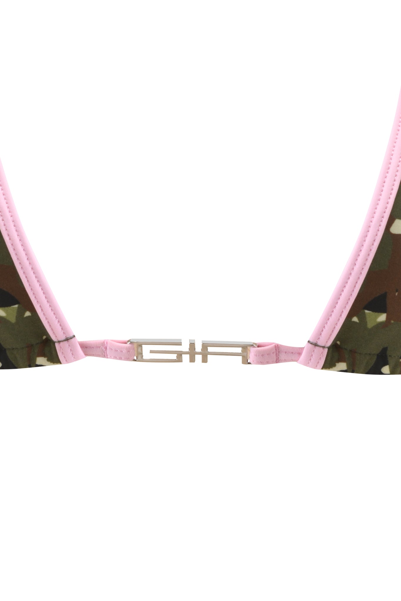 Close-up of the I.AM.GIA X VON DUTCH AVA BIKINI TOP - GIA GIRL CAMO by I.AM.GIA, featuring pink trim and a silver metallic clasp at the center.
