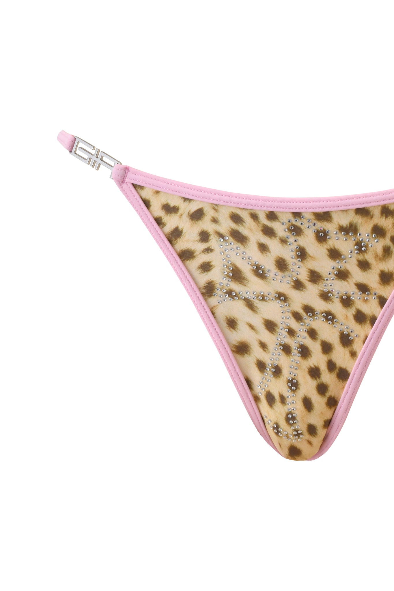 A close-up of the I.AM.GIA X VON DUTCH AVA Bikini Bottom - Leopard by I.AM.GIA, featuring a leopard print with pink trim, rhinestone design, and a silver buckle on the left strap.