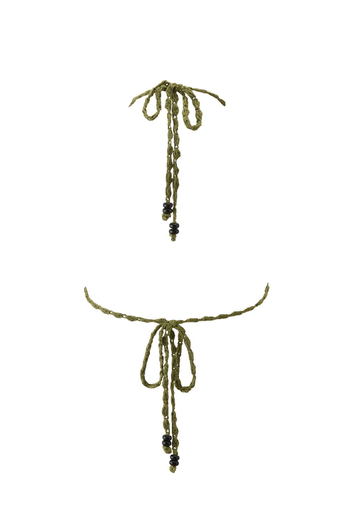 Two pieces of army green braided string from the LANAI CROCHET BIKINI TOP by I.AM.GIA, each tied in a bow with dangling ends and black beads, are displayed one above the other on a plain white background.