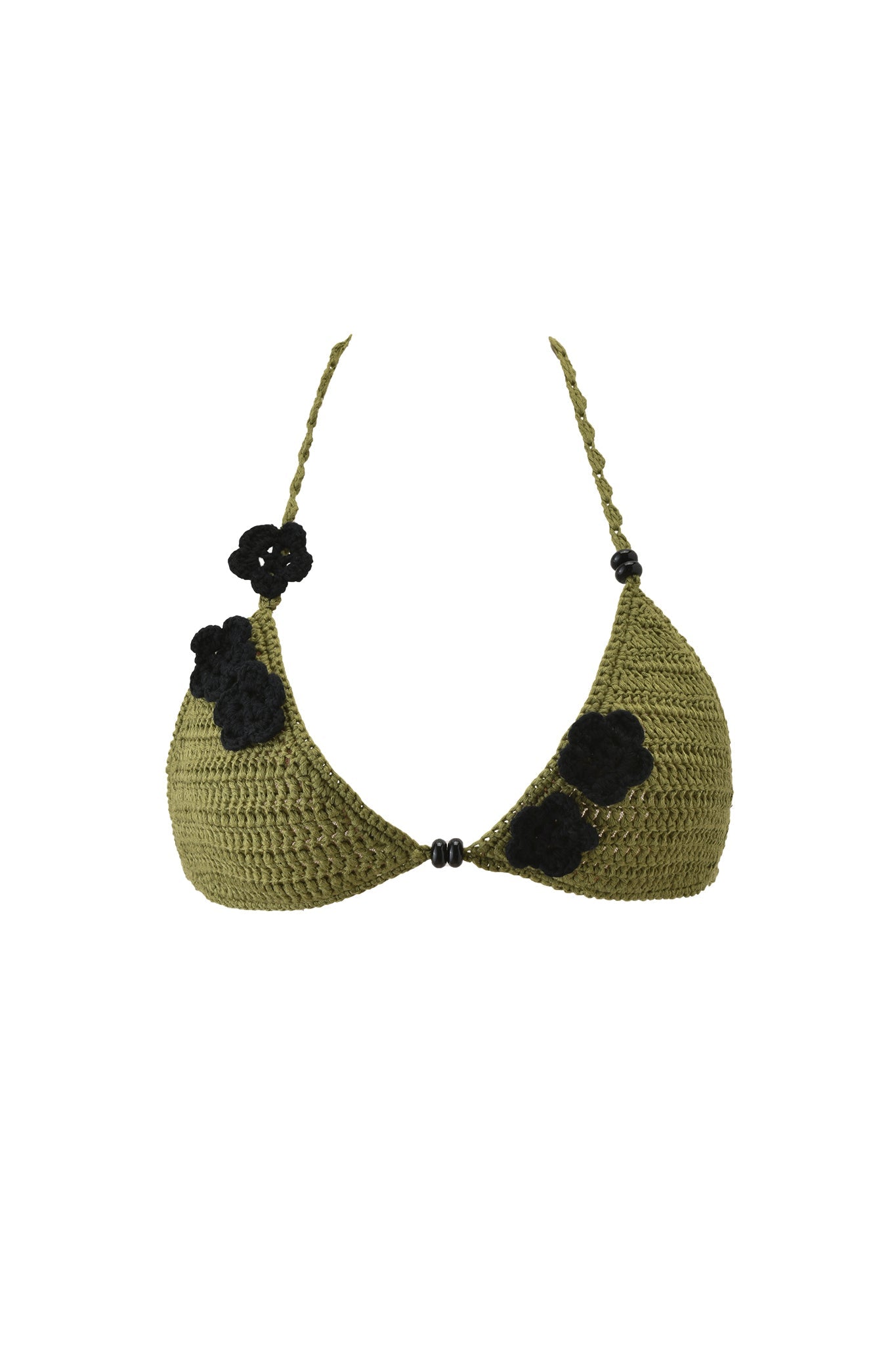The LANAI CROCHET BIKINI TOP by I.AM.GIA features an army green triangle cup design with a halter neck, black flower accents on the cups, and bead details at the center and halter ties.