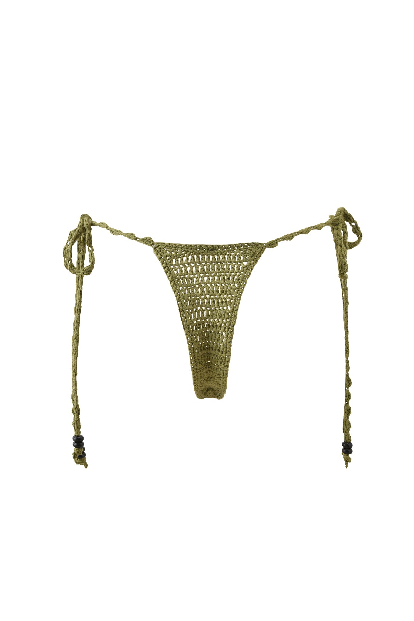 The I.AM.GIA LANAI Crochet Bikini Bottom in army green features a chic low-rise style with adjustable beaded side ties, shown on a plain white background.
