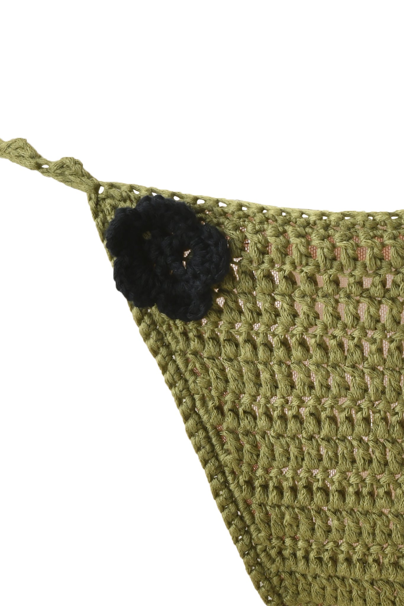 Close-up of the I.AM.GIA LANAI CROCHET BIKINI BOTTOM in army green, featuring visible hand-stitched details and a black crochet flower at the corner, showcasing its unique handmade quality.