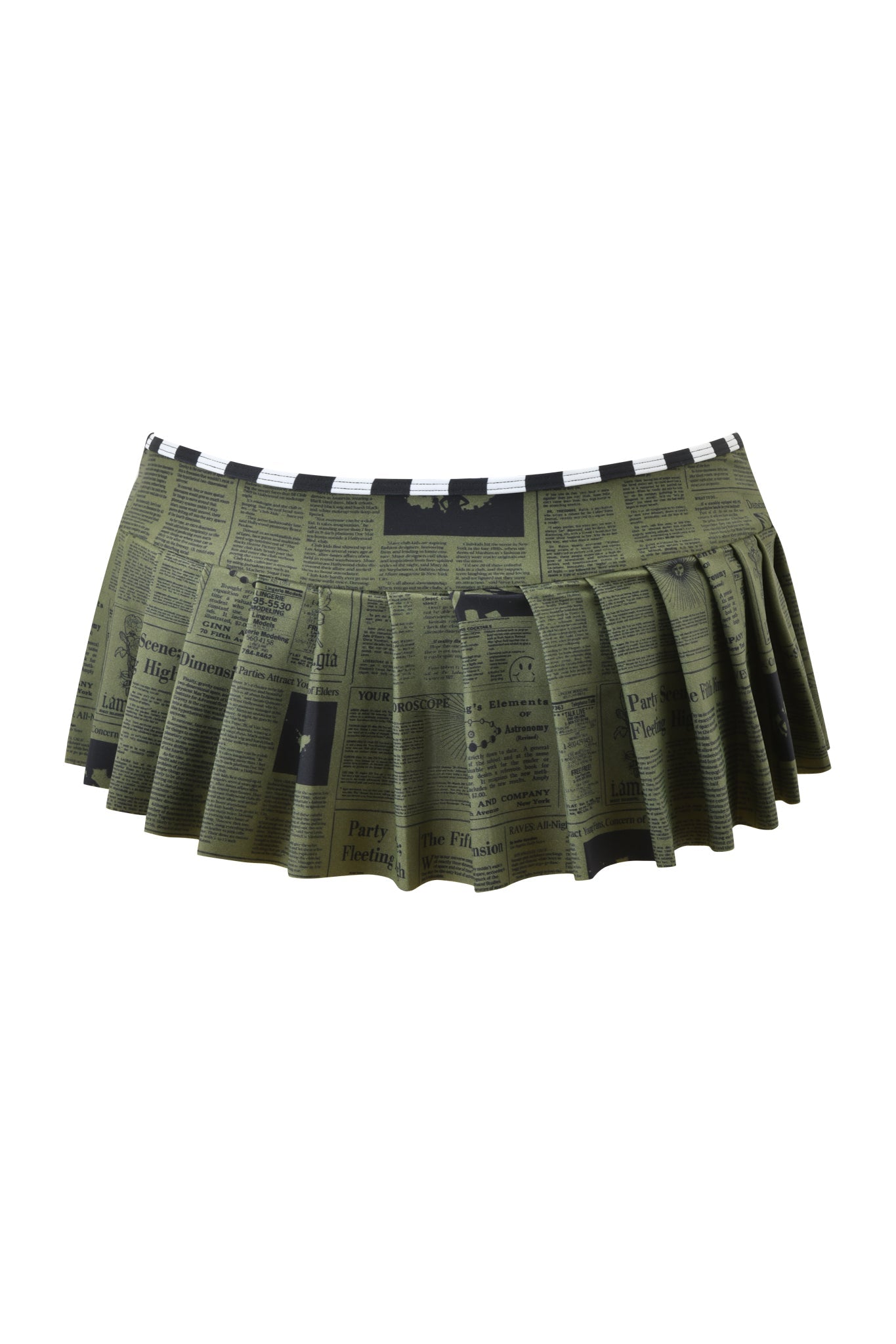The I.AM.GIA AURETTE MICRO BIKINI SKIRT - LEFT ON READ is an olive green pleated mini skirt with a black newspaper print and a black-and-white checkered waistband, styled as a trendy micro mini, shown on a white background.