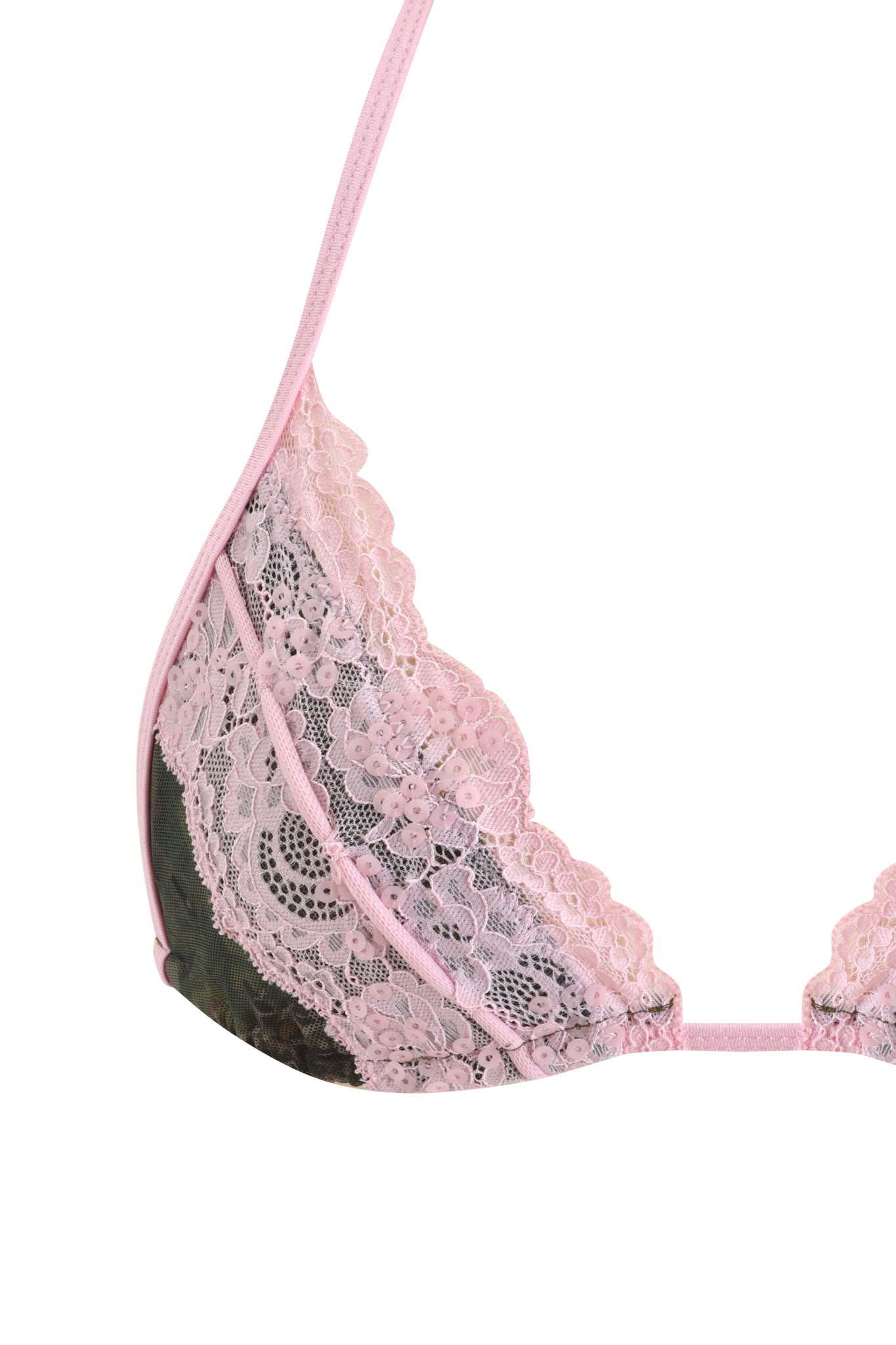 Close-up of the I.AM.GIA SAKINA BIKINI TOP - BARK AND BITE CAMO, featuring thin straps and semi-sheer camo fabric. Only one side of the bikini top is visible against a white background.