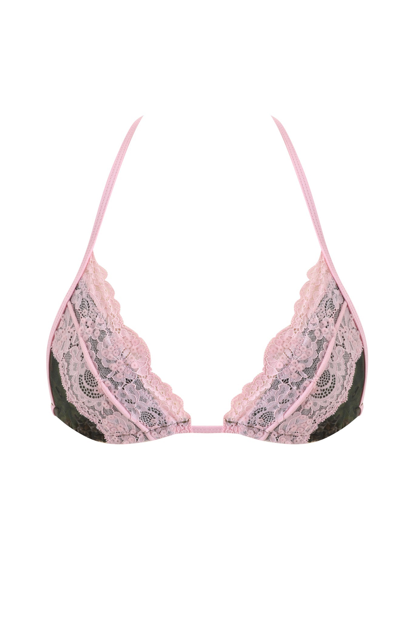 The SAKINA BIKINI TOP - BARK AND BITE CAMO by I.AM.GIA features thin straps and a minimal bikini design with a distinctive camo print, displayed on a white background.