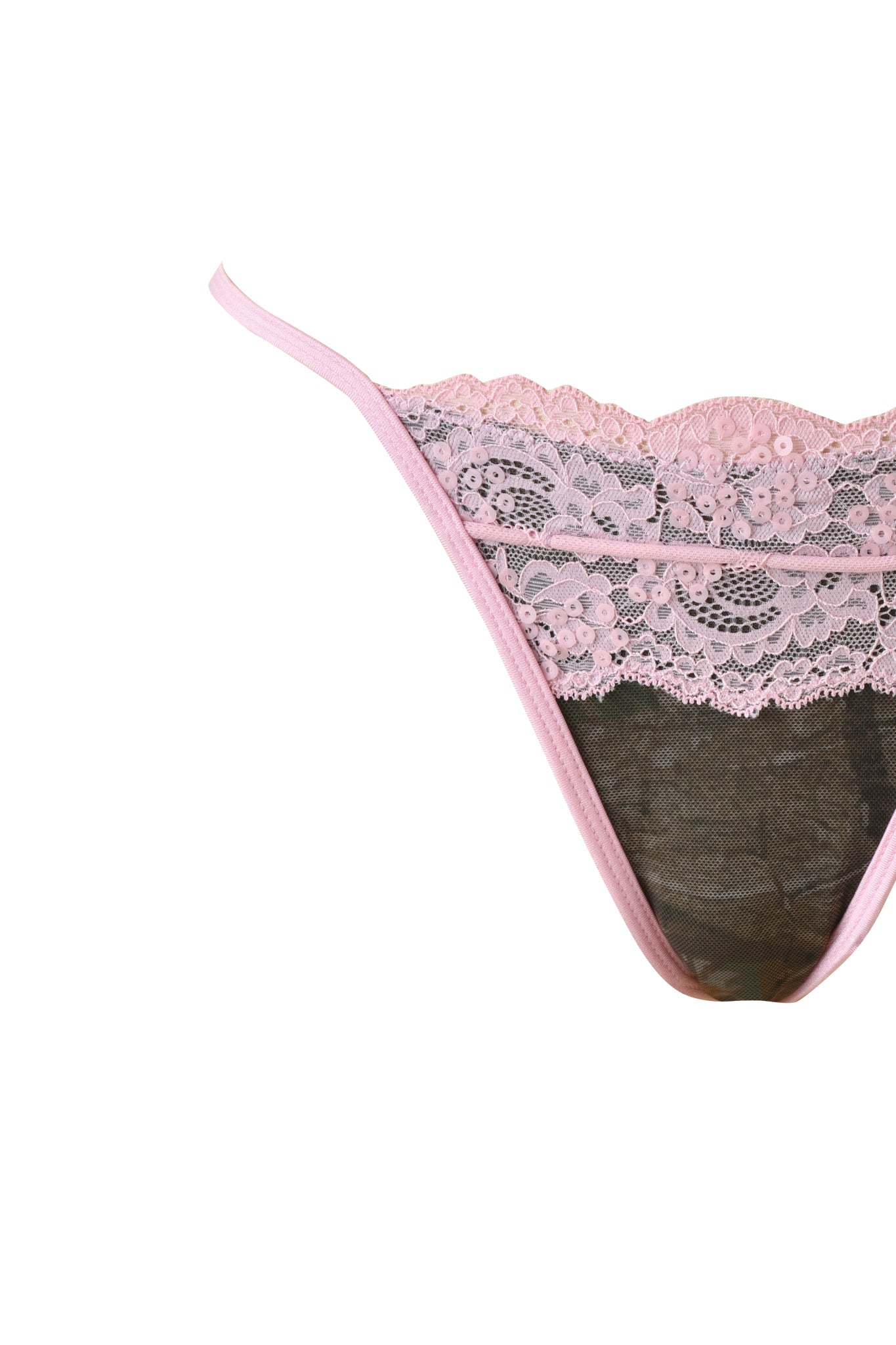 A close-up of the SAKINA BIKINI BOTTOM - BARK AND BITE CAMO by I.AM.GIA, featuring a cheeky cut and camo print, photographed against a white background.