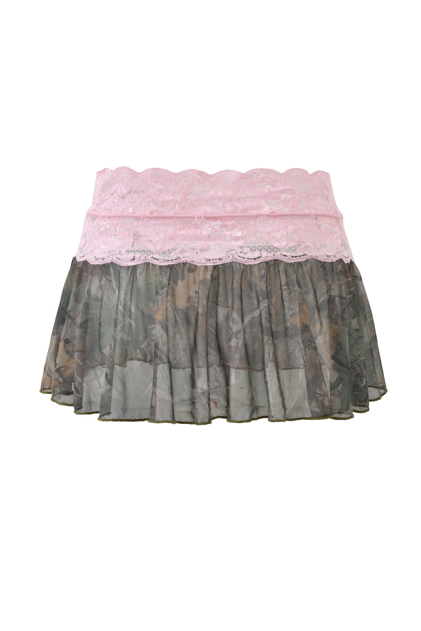 The SAKINA MICRO MINI SKIRT - BARK AND BITE CAMO by I.AM.GIA features a pleated camo mesh bottom and a wide pink lace waistband for an edgy A-line silhouette.