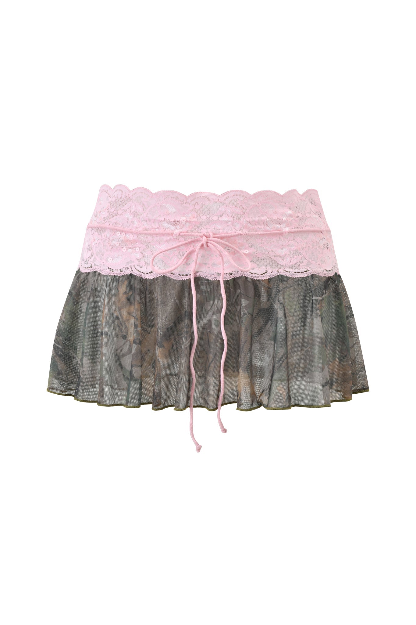 The I.AM.GIA SAKINA MICRO MINI SKIRT - BARK AND BITE CAMO features an A-line silhouette, pink lace waistband with ribbon tie, and sheer pleated mesh in the Bark and Bite Camo pattern on the lower section.