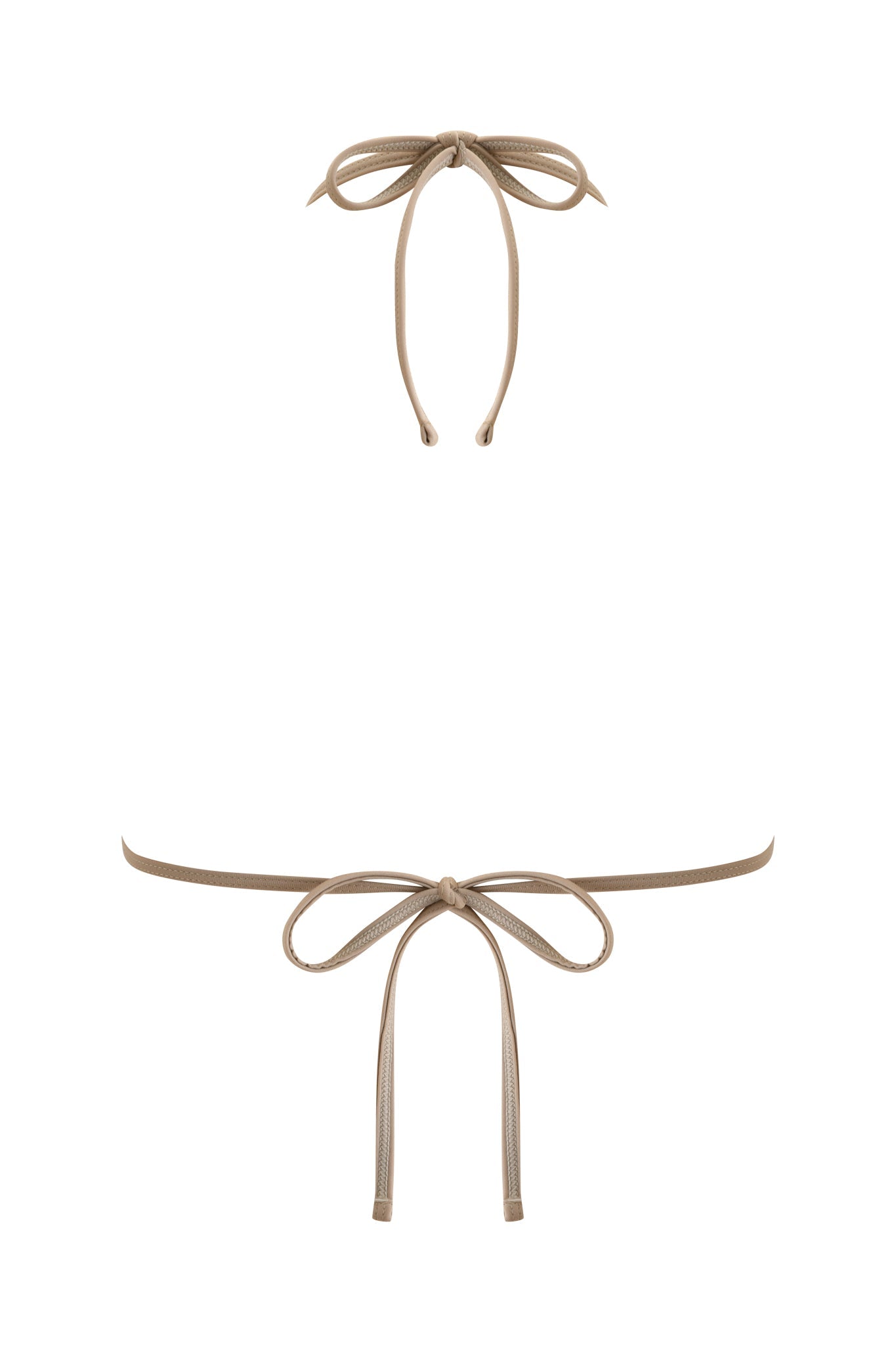 Two tan swimsuit straps—styled for a bikini top and bottom—are displayed on a white background, reflecting the minimalist look of I.AM.GIA’s BABI DIAMONTE STUD BIKINI TOP - REPTILIA.