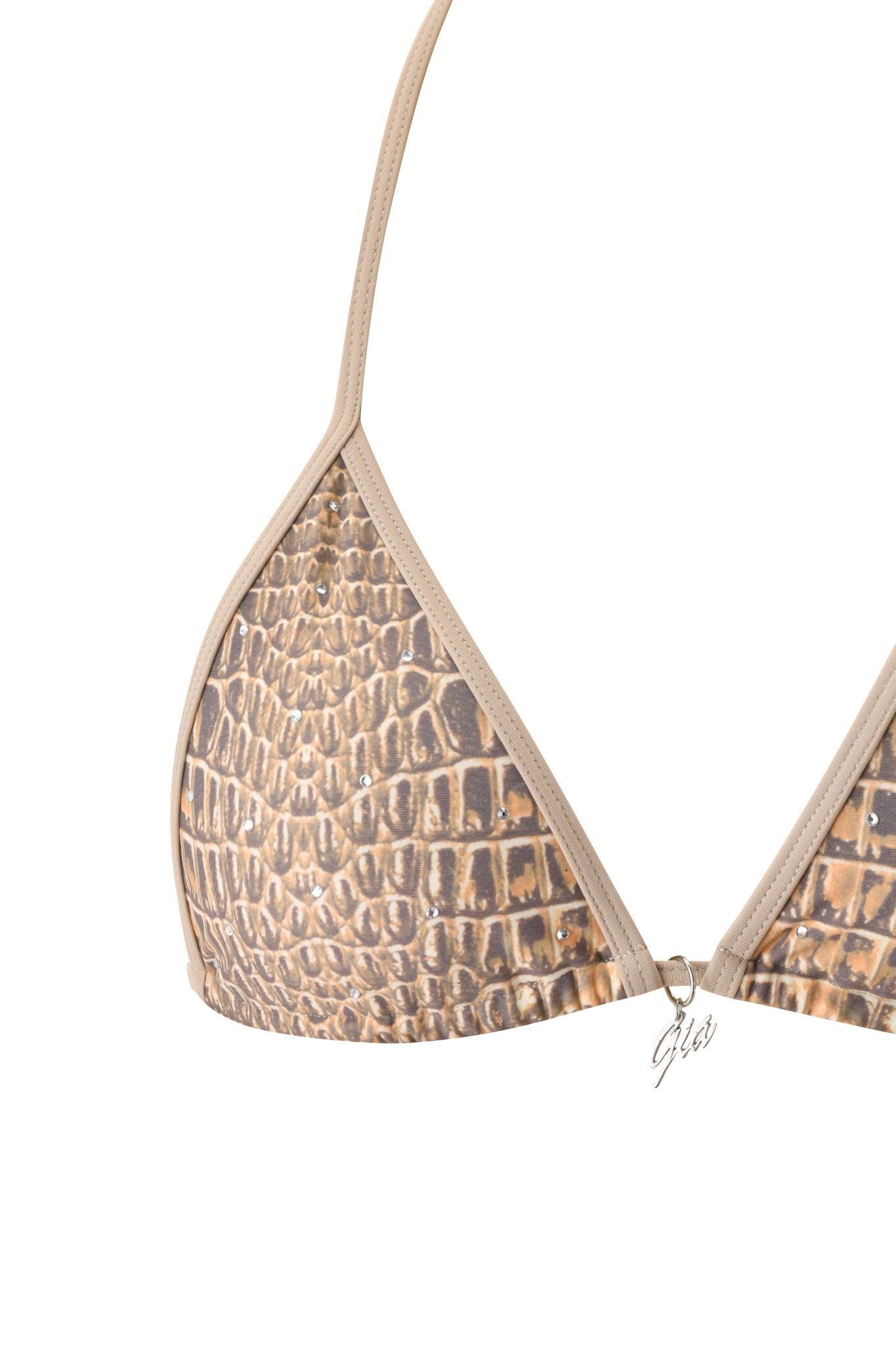 Close-up of the I.AM.GIA BABI DIAMONTE STUD BIKINI TOP - REPTILIA featuring a triangle shape, beige and brown reptile print, thin beige straps, and a small "Gia" metallic charm at the center front.
