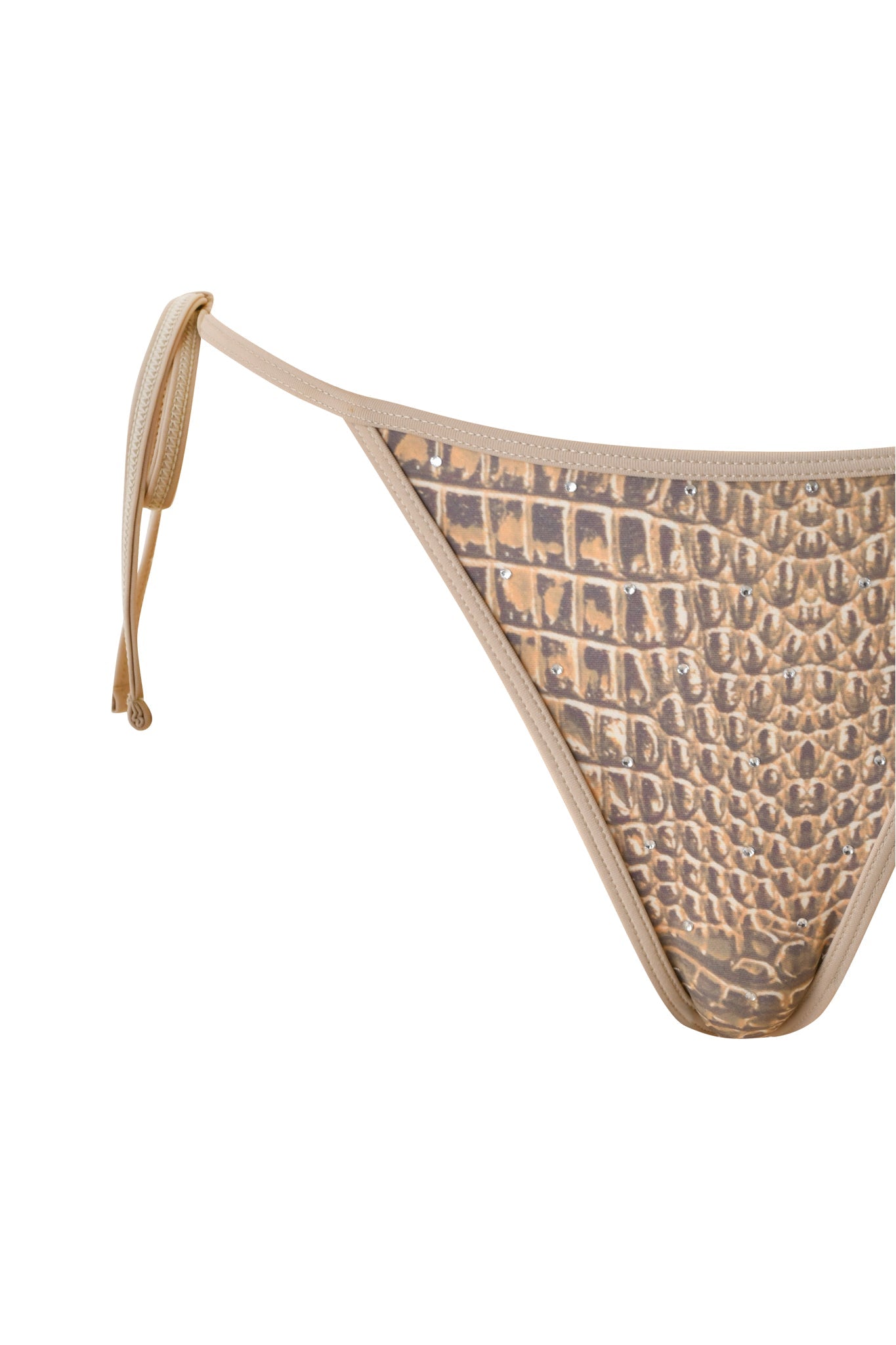 Close-up of I.AM.GIA's BABI DIAMONTE STUD BIKINI BOTTOM - REPTILIA, featuring a snakeskin print and beige side ties, displayed against a white background.
