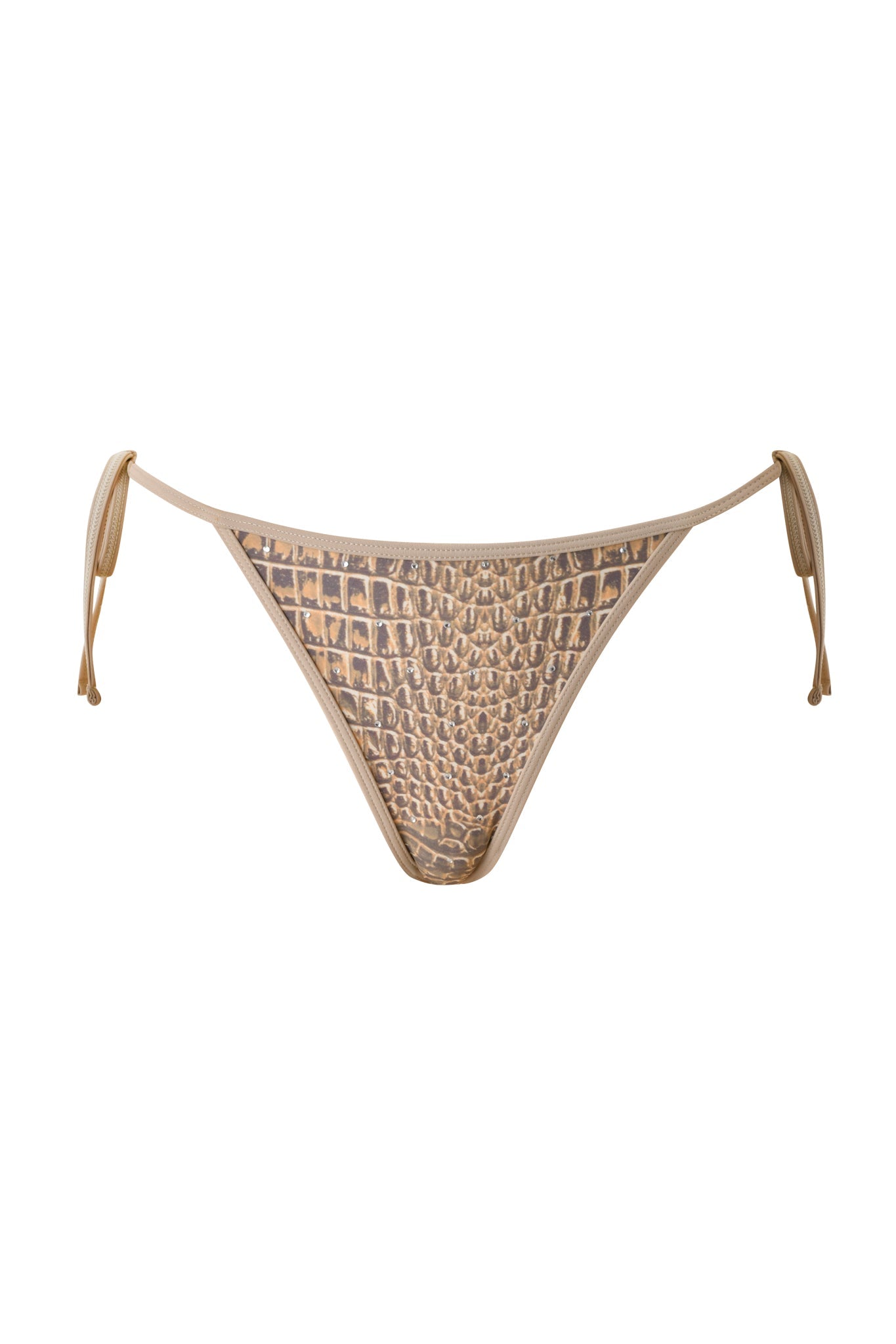 The I.AM.GIA BABI DIAMONTE STUD BIKINI BOTTOM - REPTILIA features side ties and a standout light brown and beige crocodile print for a trendy look.