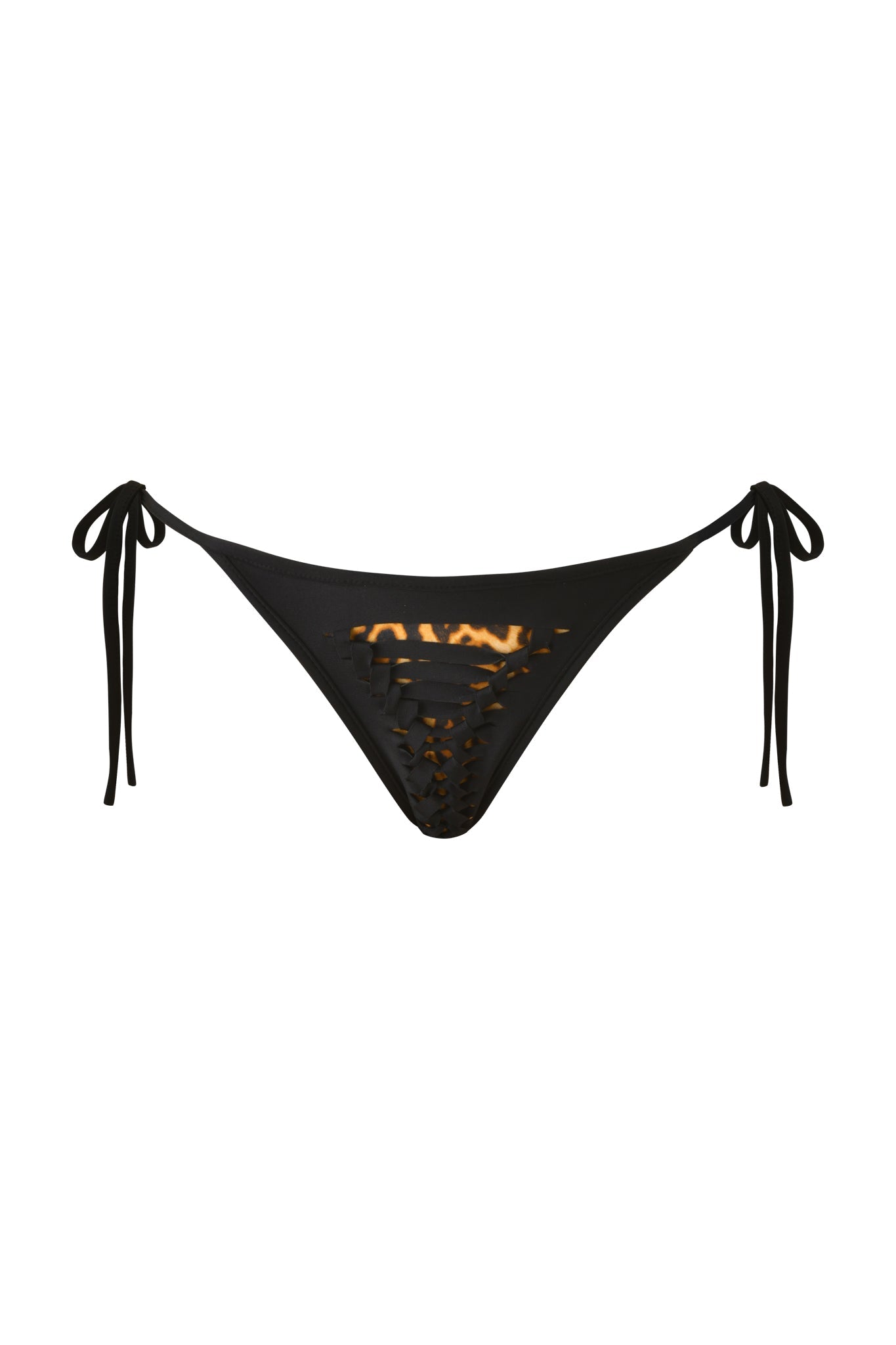 The BIJOU BIKINI BOTTOM by I.AM.GIA features adjustable tie sides and a front lattice cutout with crisscrossed straps, creating a chic macrame-inspired overlay for an elegant, boho look in solid black.