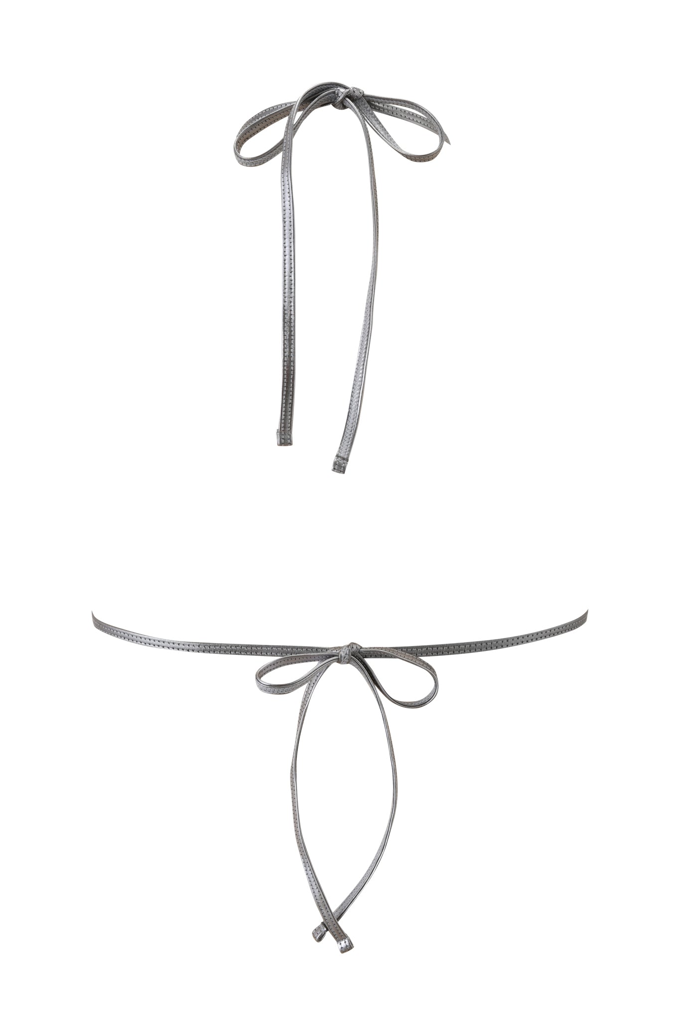 The LIOR BIKINI TOP - SILVER by I.AM.GIA is displayed flat on a white background, featuring a metallic silver finish and thin straps tied into neat bows.