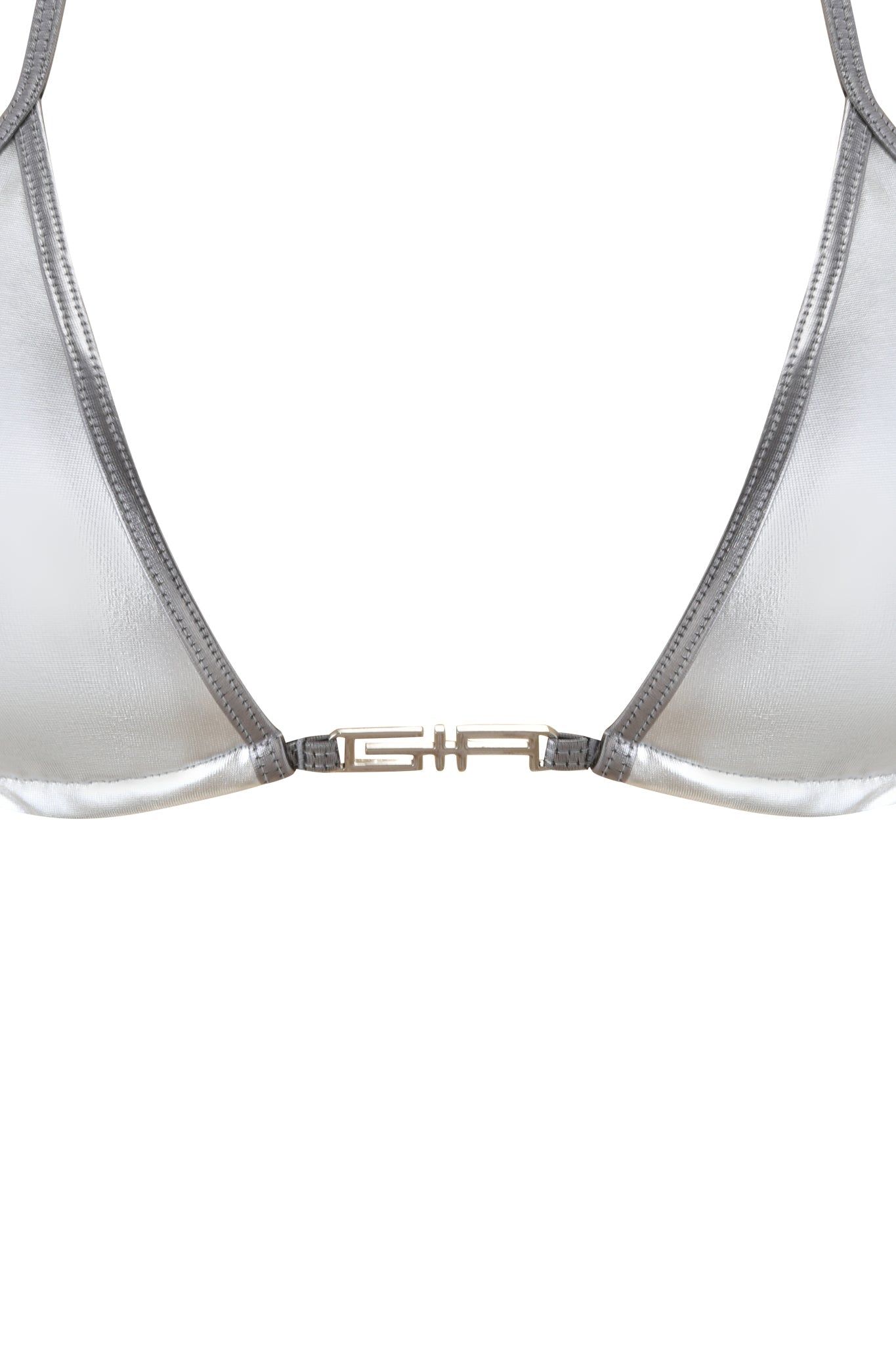 The I.AM.GIA LIOR BIKINI TOP in shimmering silver features thin straps and a gold center-front clasp, shown close-up against a plain white background.