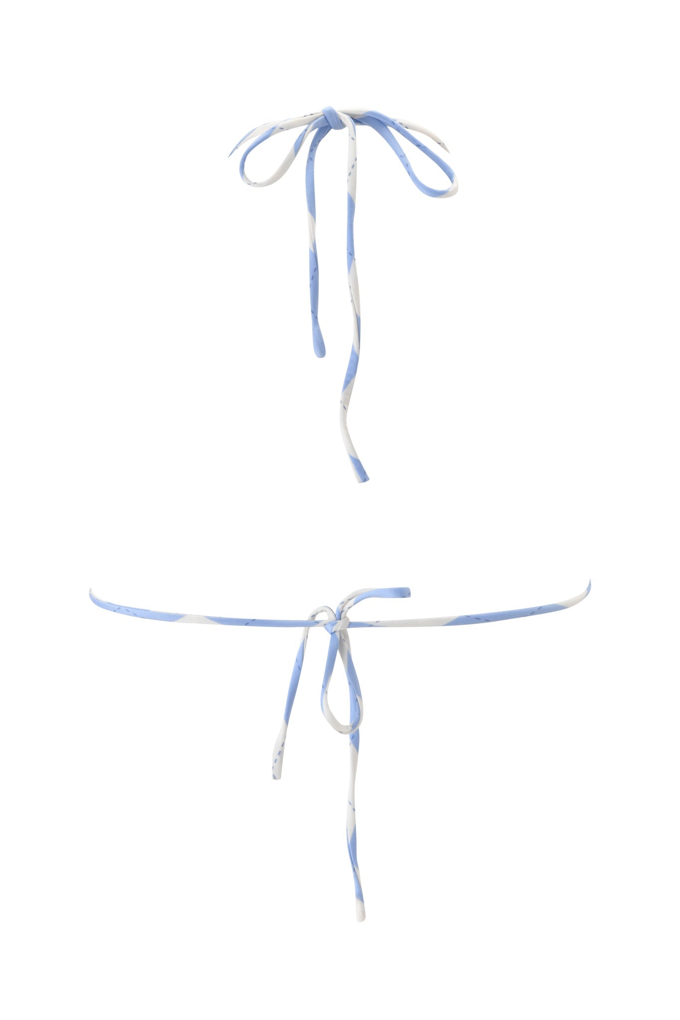 Two thin blue and white argyle strings from the I.AM.GIA BRITT BIKINI TOP are tied in neat bows—one at the top and one in the middle—set against a plain white background.