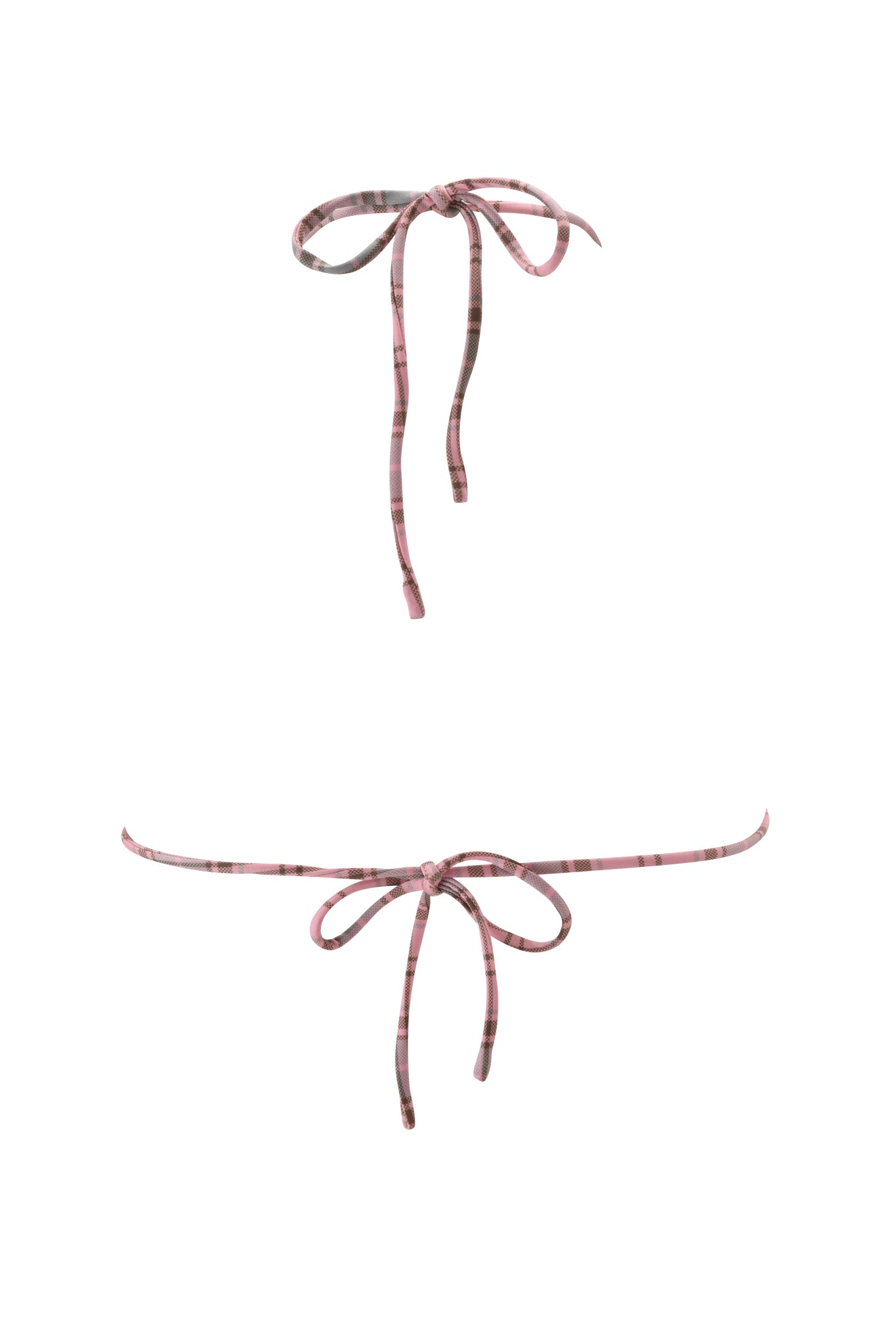 Two thin pink and brown plaid strings are tied into bows, resembling the ties of the BRITT BIKINI TOP - PINK PLAID by I.AM.GIA. The background is plain white.