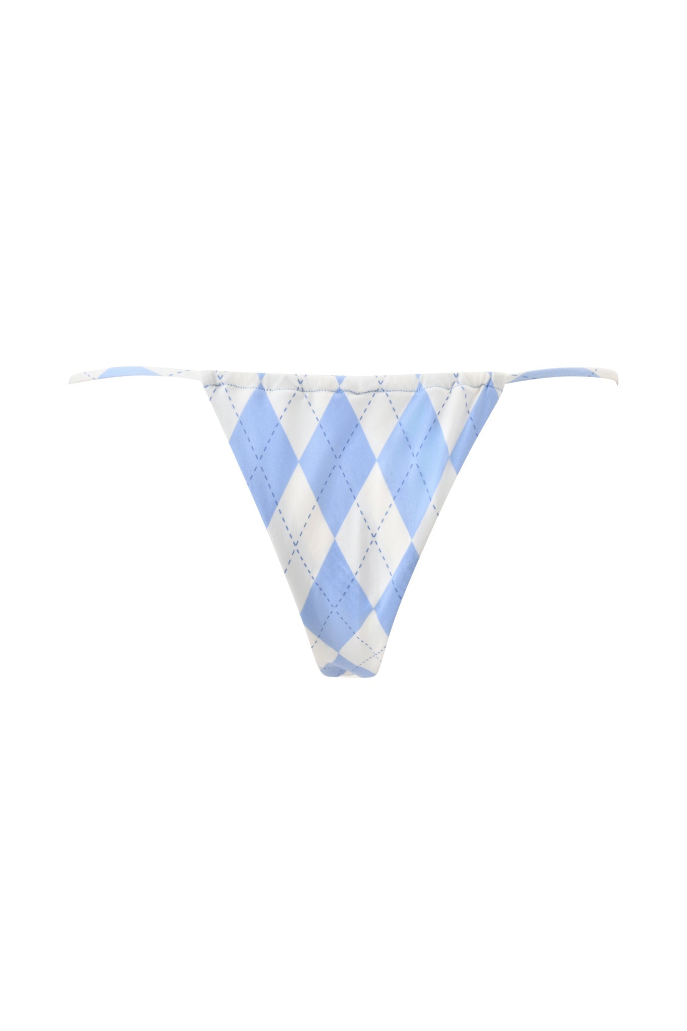 The I.AM.GIA BRITT BIKINI BOTTOM in blue argyle features thin side straps and a low-rise, cheeky cut, shown on a white background.