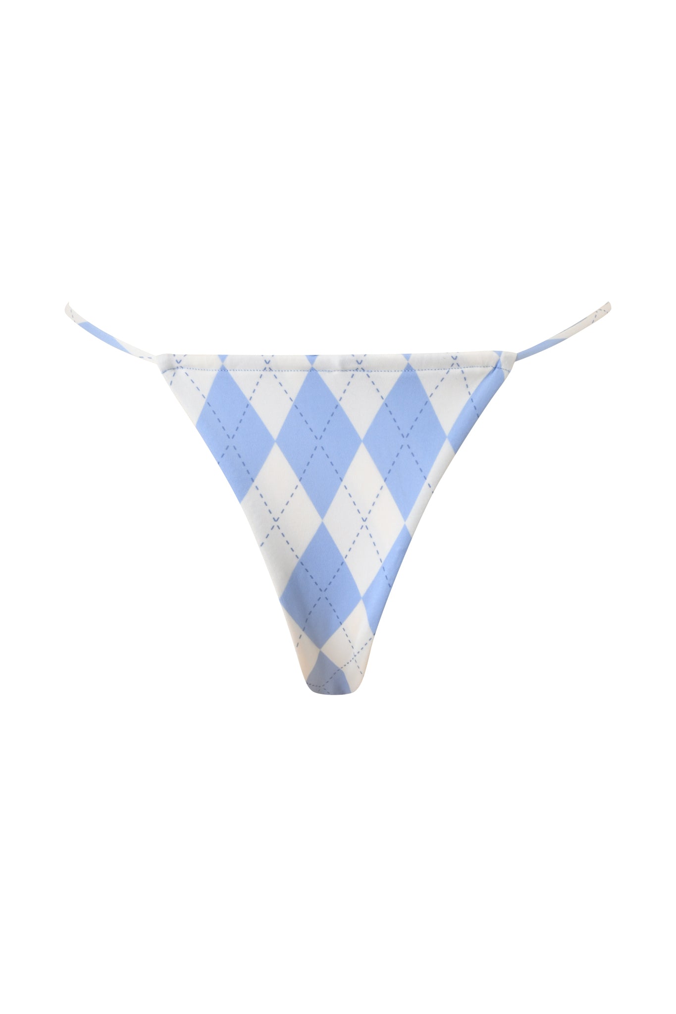 The BRITT BIKINI BOTTOM by I.AM.GIA features a blue argyle print, light blue and white colors, and thin side straps, creating a cheeky swimwear look.