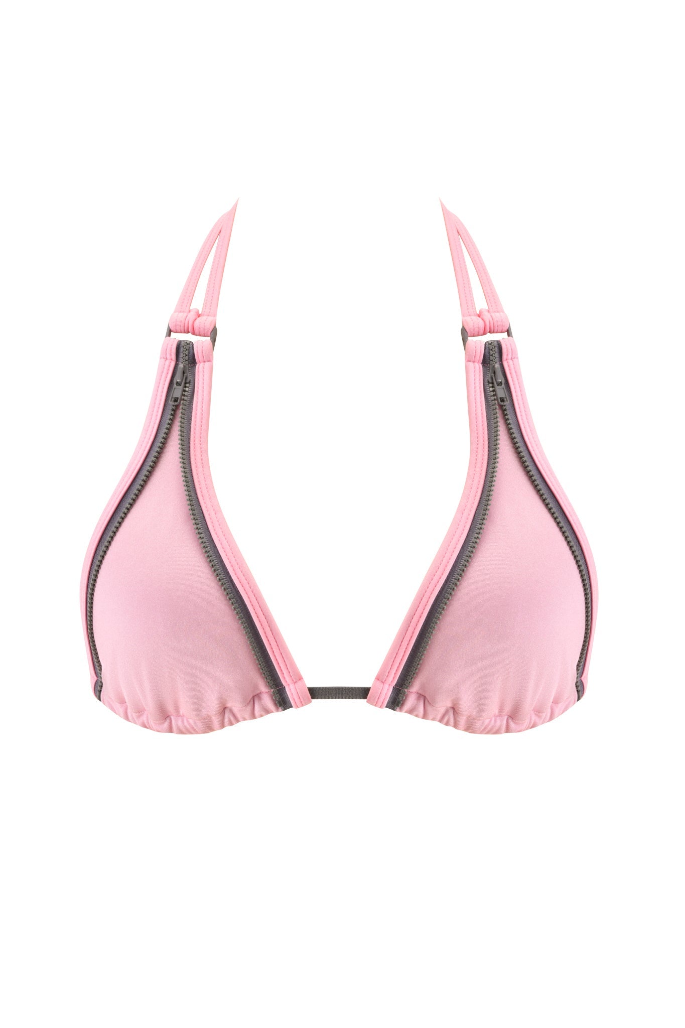 The CAMERON BIKINI TOP - BABY PINK by I.AM.GIA features a triangle design with thin straps and bold zipper detailing along each cup, set against a white background.