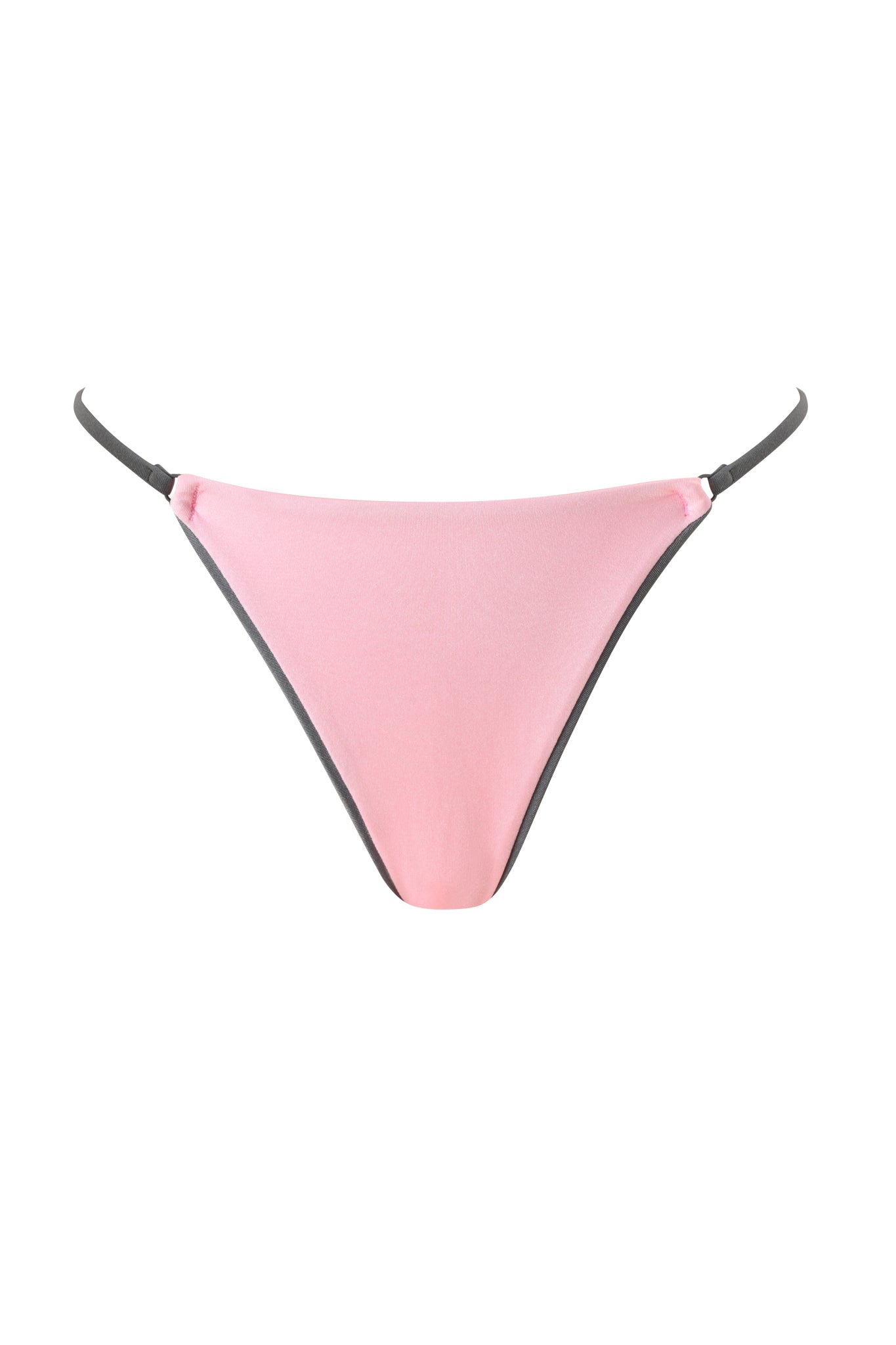 The CAMERON BIKINI BOTTOM - BABY PINK by I.AM.GIA features thin dark gray side straps and a bold thong back, showcased against a plain white background.